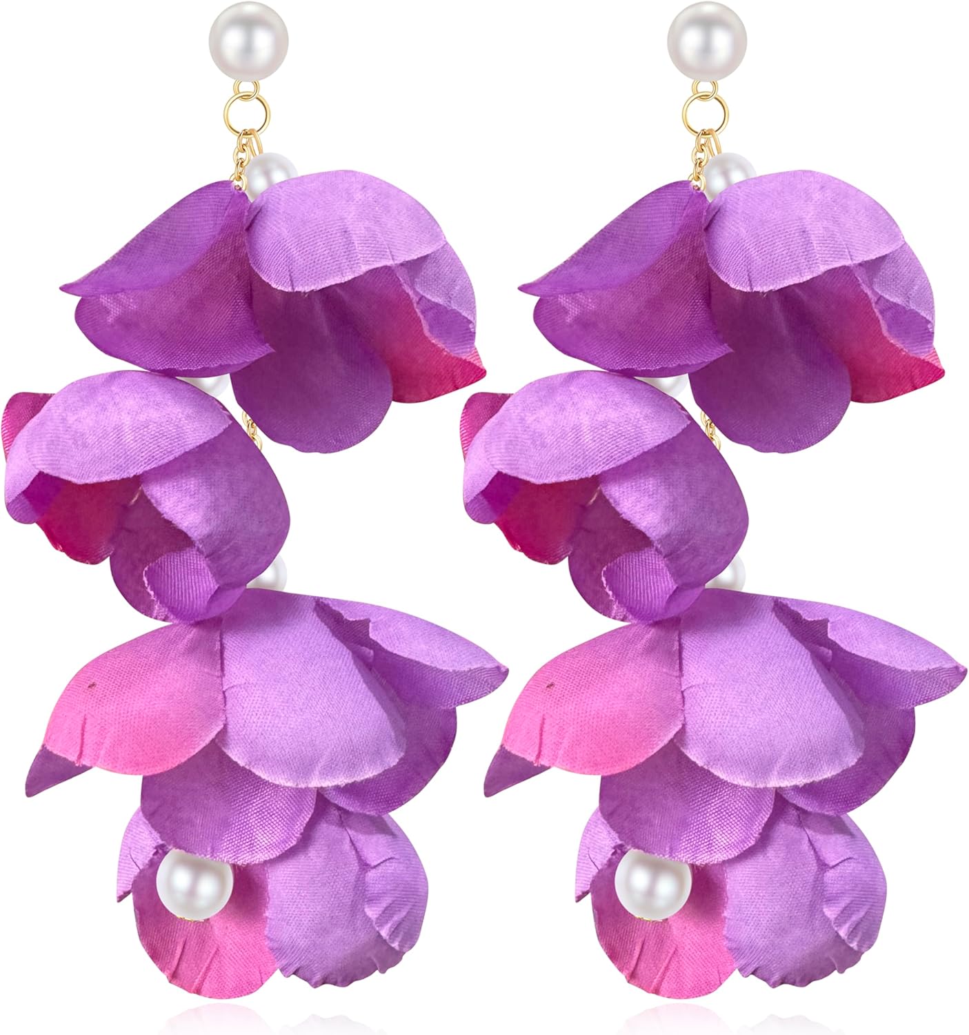 Bohemian Fabric Flower Fringe Dangle Drop Earrings Floral Pearl Tassel Petal Stud Earrings For Women