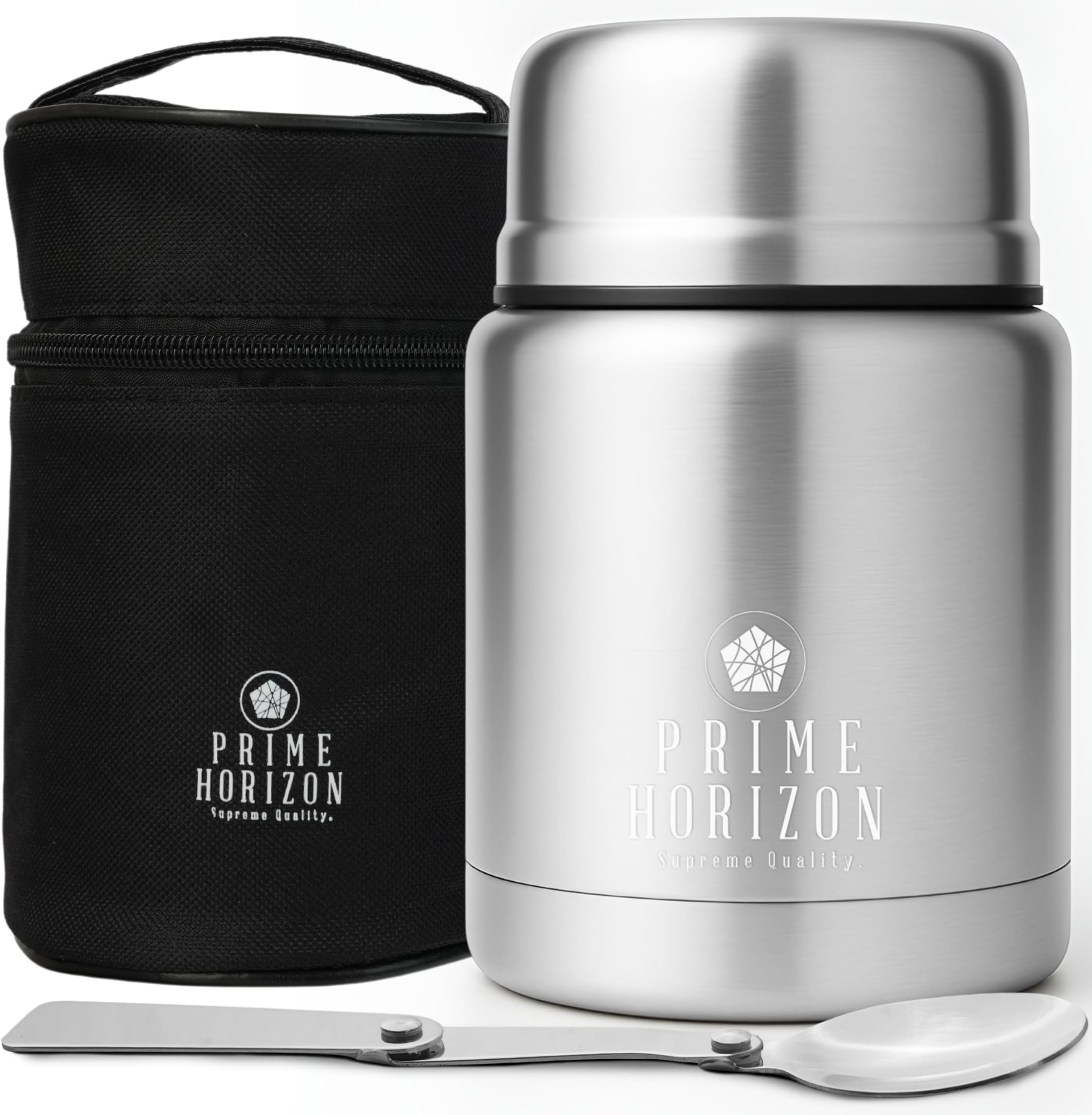 Prime Horizon Food Flask - 500ml Stainless Steel Vacuum Double Wall Jar with Folding Spoon, Leakproof and BPA Free. Free Insulated Travel Bag with Carabiner and Gift Box (Silver)