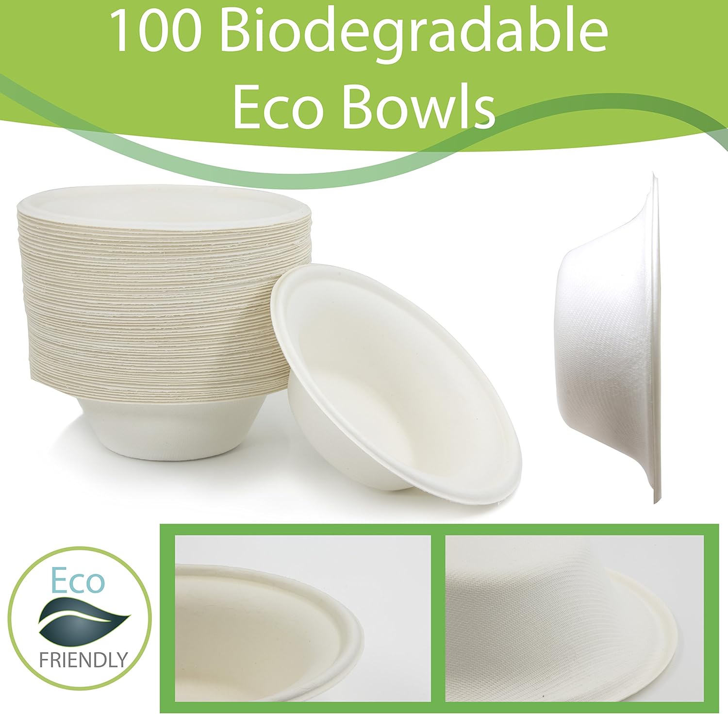 100 Biodegradable Eco Friendly Sugarcane Bowls, 12 OZ Bagasse Plant Based Compostable Disposable, Alternative to Paper and Foam Bowls
