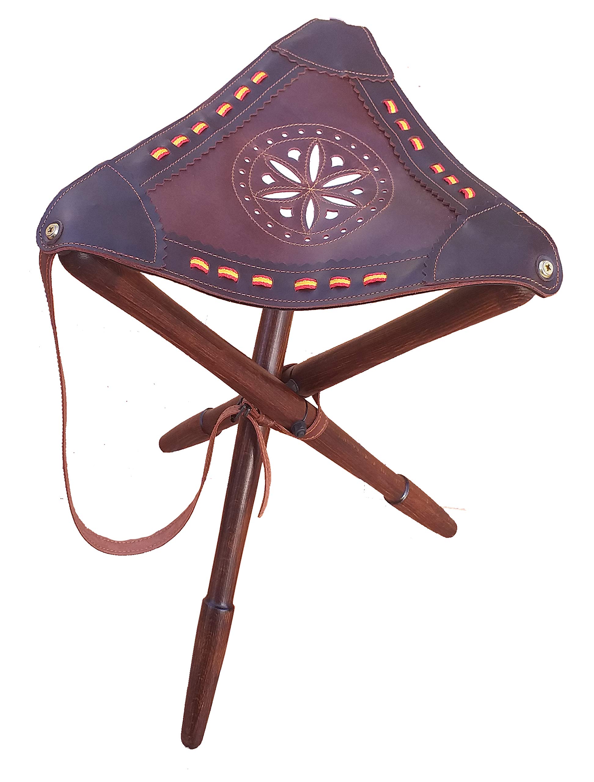 Tiendas LGP- Caza- Silla trípode con Asiento en Cuero con Detalles de la Bandera de España y Patas torneadas en Madera de Haya