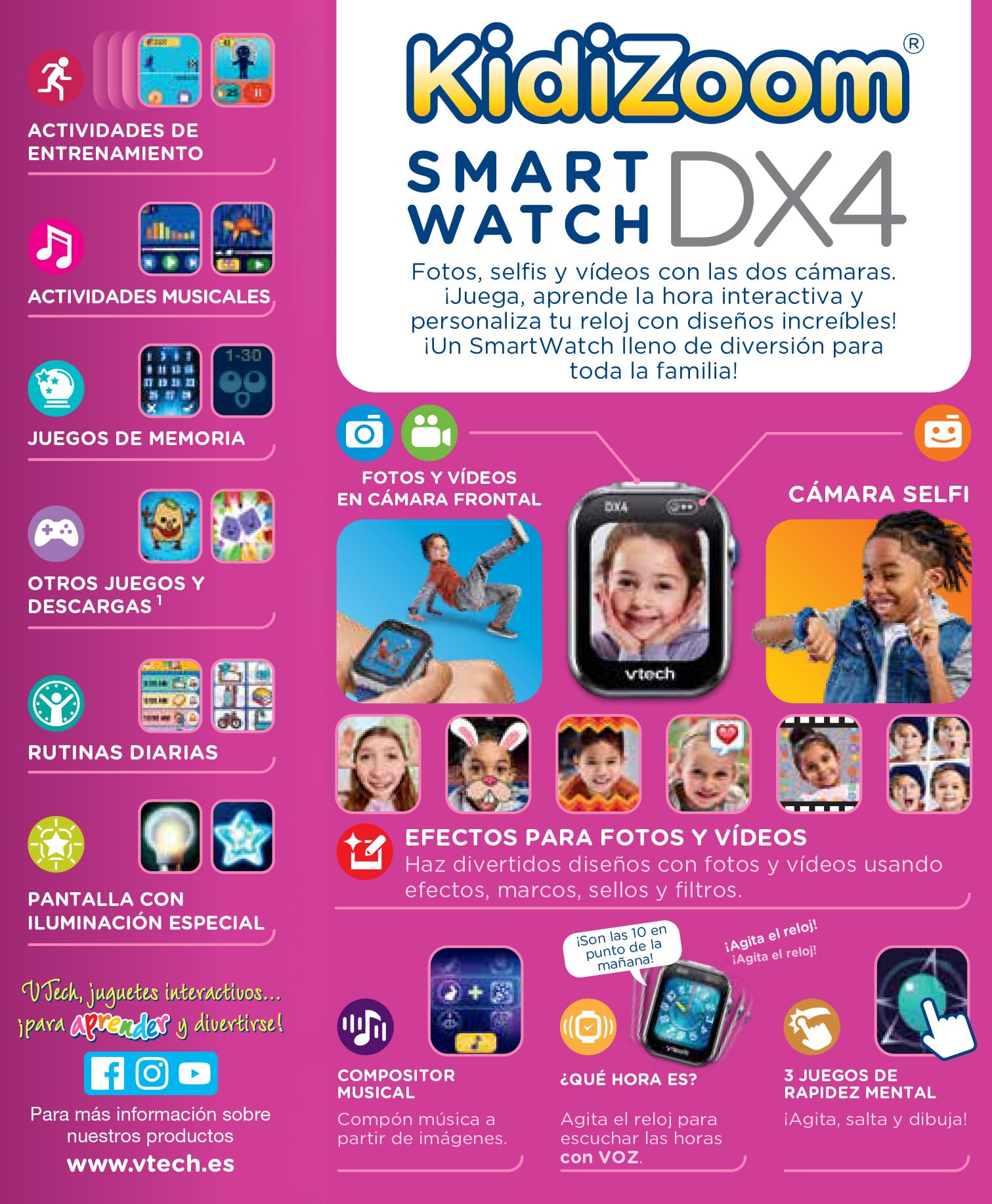 VTech KidiZoom Smartwatch DX4, Rosa, Dual-Kamera für Fotos und Selfies, Spiele, Schrittzähler, vertikales Farbdisplay, Musik-Player, ESP-Version