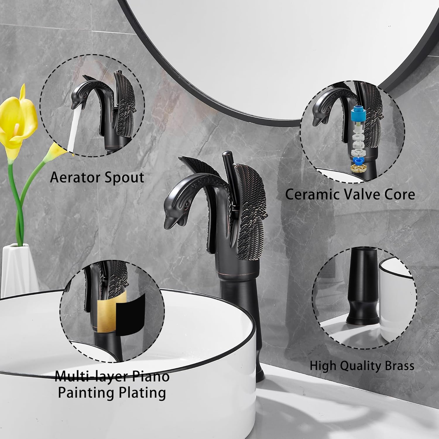 GGStudy Oil Rubbed Bronze Swan Shape Single Handle One Hole Bathroom Vessel Sink Faucet Deck Mount Lavatory Sink Faucet