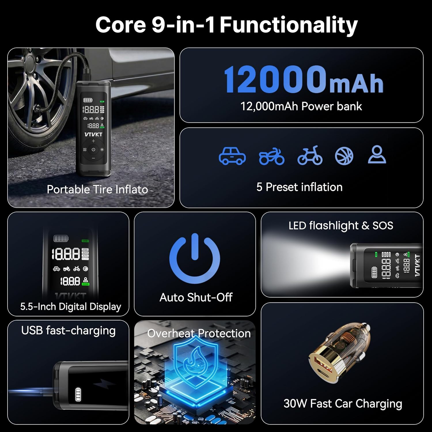 Tire Inflator Portable Air Compressor, Cordless Inflation Air Pump,12000mAh, 150PSI, Auto Stop, Tire Pressure Gauge, LED/SOS Light, for Car SUV Motorcyle Bike, Flagship Package