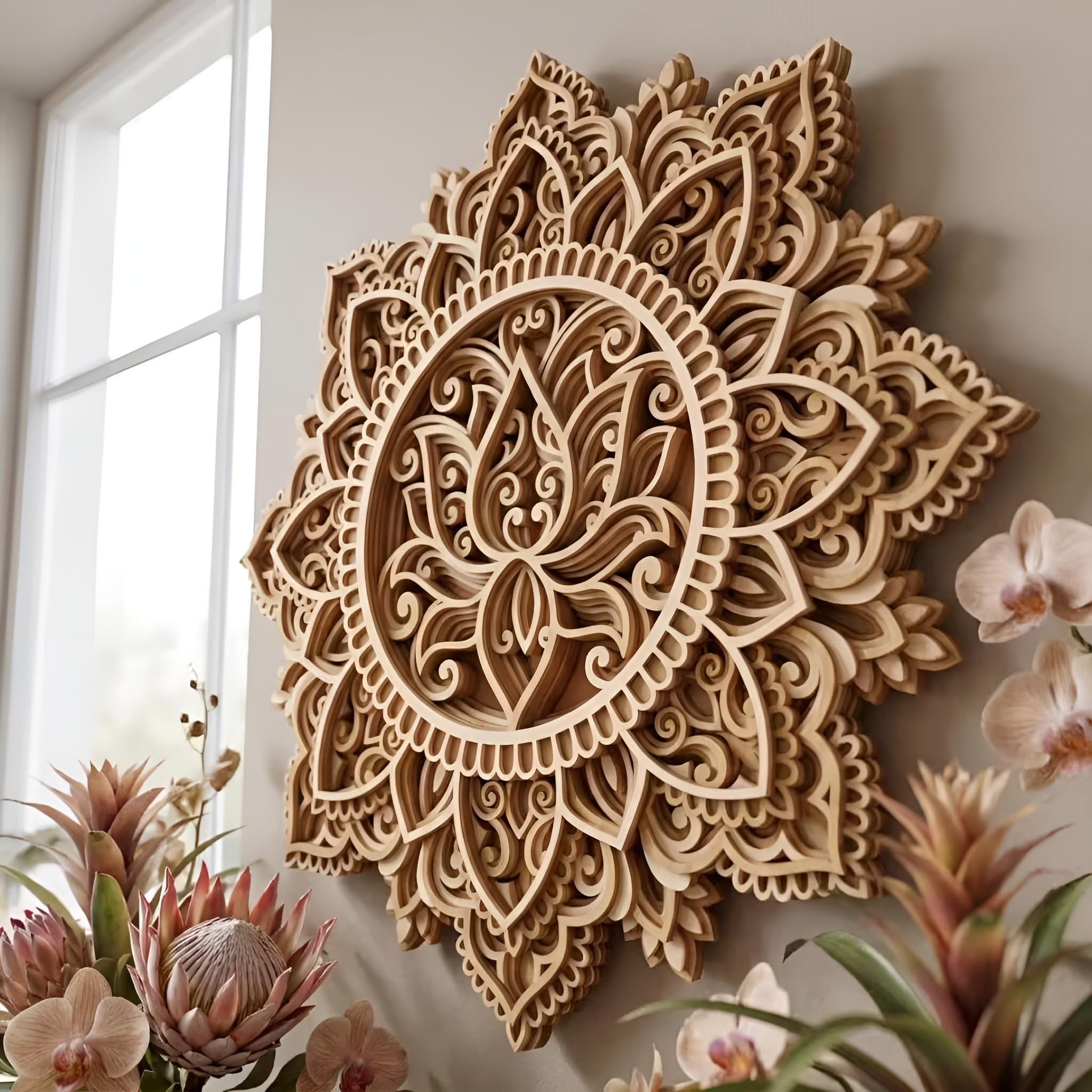 Lotus Mandala Wall Art - 12 Inch Wooden Decor -2 Lotus Mandala Wall Art - 12 Inch Wooden Decor -2