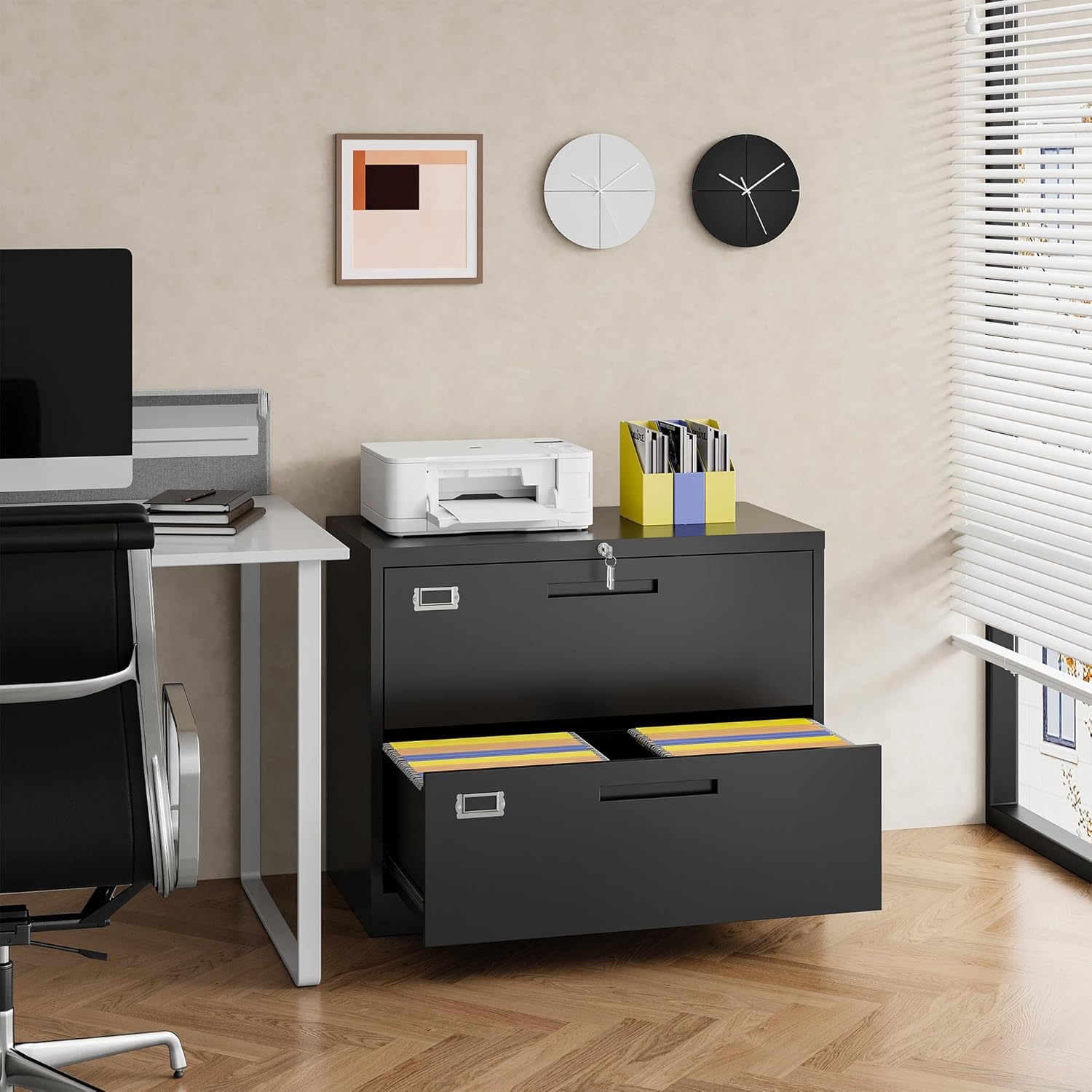 Black and Gray Metal 2-Drawer Lockable Lateral File Cabinet