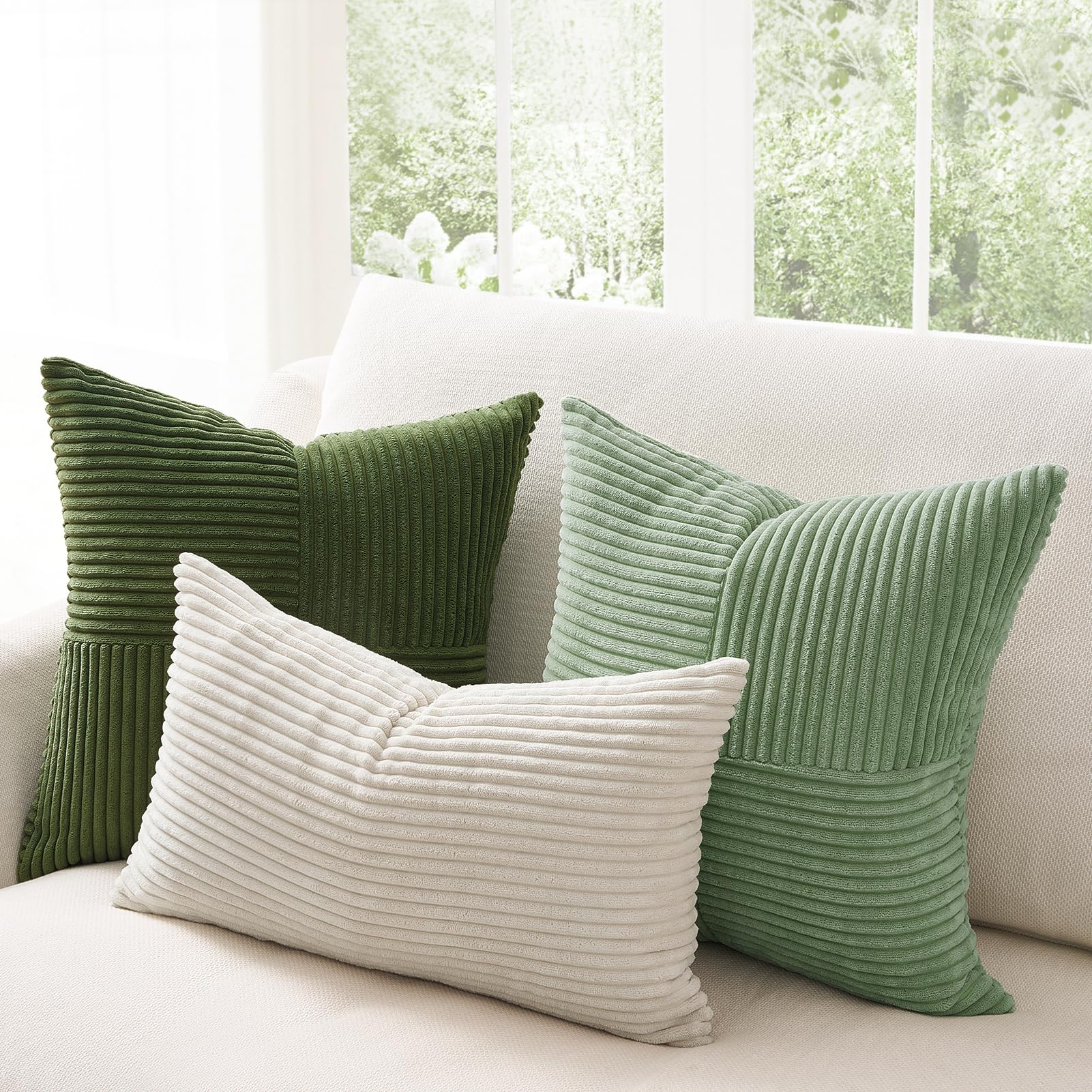 Topfinel Kussensloop 50 x 50 cm, groen, corduroy, set van 2, gestreept patroon, kussenslopen, sierkussen, bankkussens, sierkussensloop, decoratieve kussenhoezen, woonkamer, slaapkamer