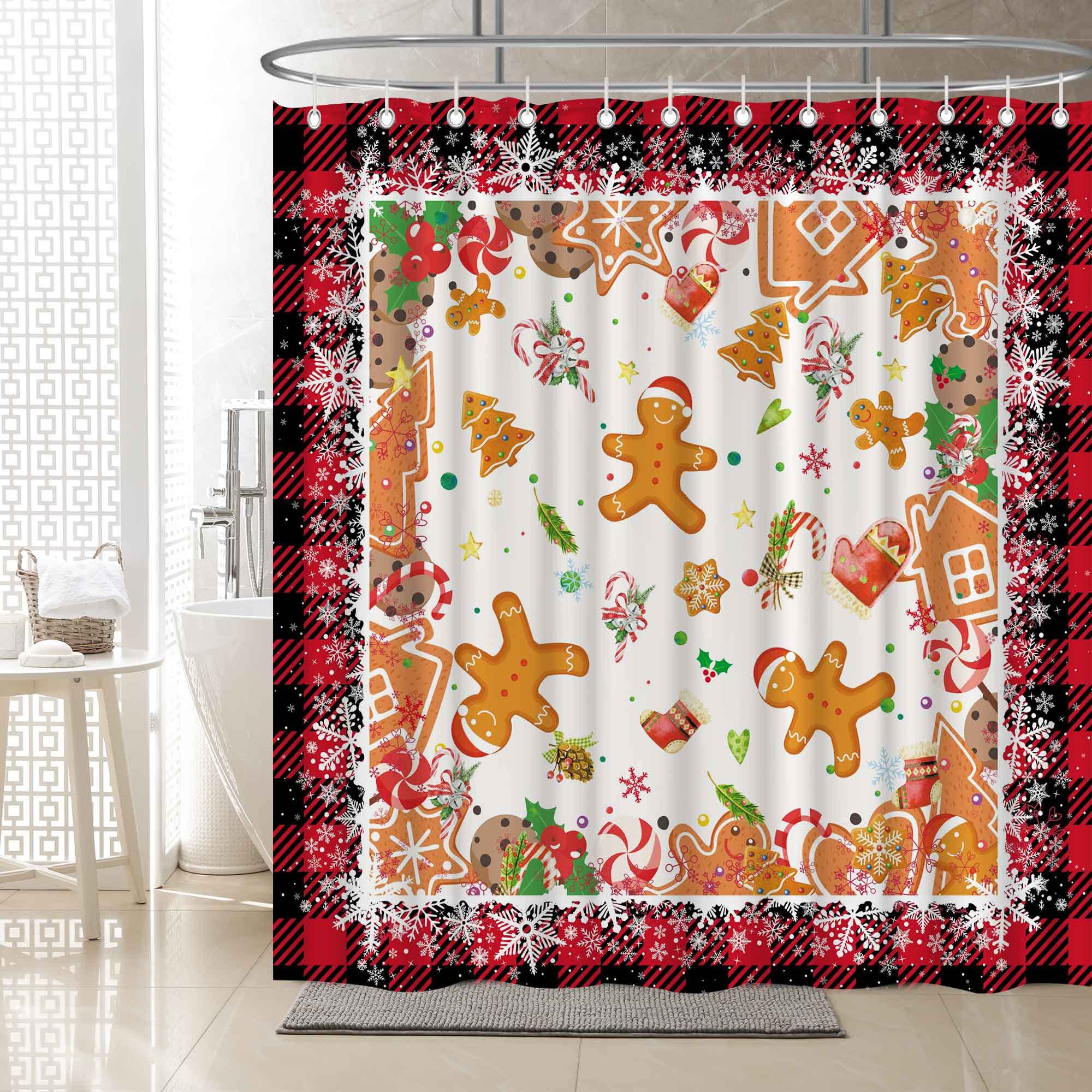 Haboke Christmas Shower Curtain Christmas Gingerbread Man Christmas Cookies Black and Red Plaid Waterproof Durable Polyester for Bathroom Decorations Bath Curtains Gifts with Hooks 72"x72"