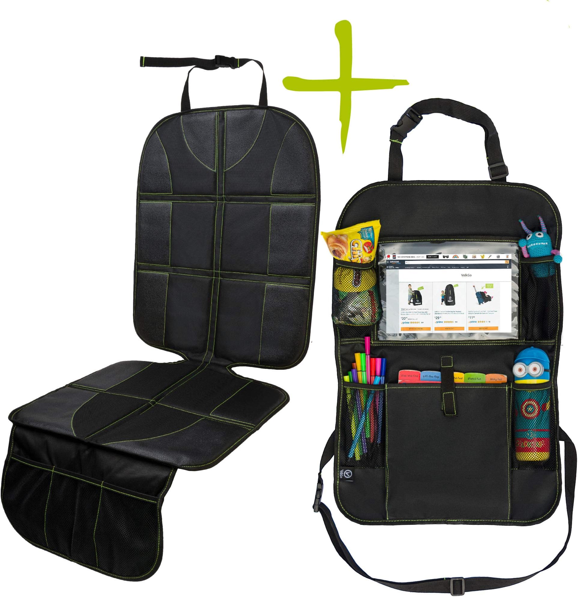 VolkGo Car Seat Protector and Organizer Set – Kick Mat – Multi Pocket Organizer – 10” Android or iPad Tablet Pouch – Easy to Install & Clean – Strong & Resilient – Non Slip Back