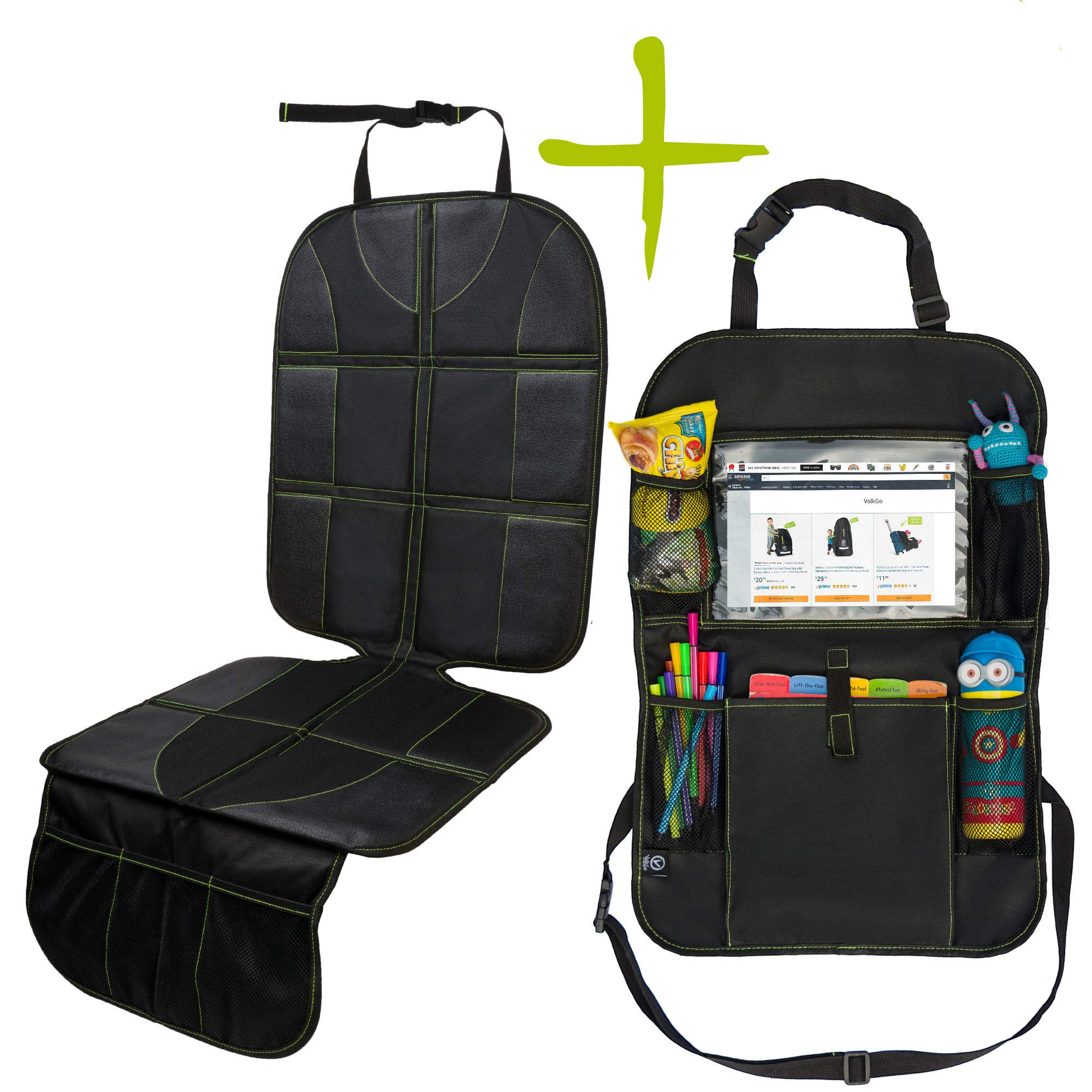 VolkGo Car Seat Protector and Organizer Set – Kick Mat – Multi Pocket Organizer – 10” Android or iPad Tablet Pouch – Easy to Install & Clean – Strong & Resilient – Non Slip Back