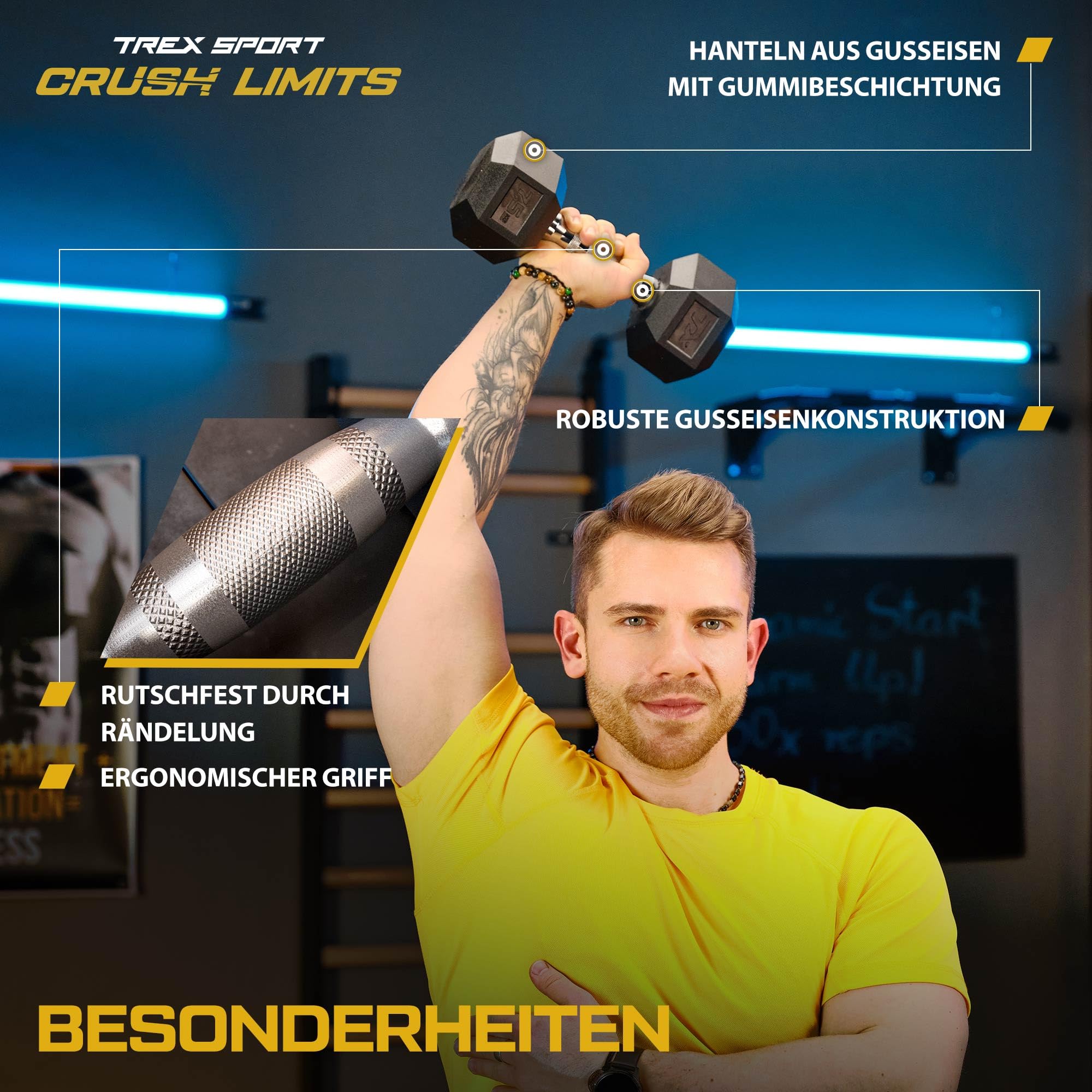 TREX SPORT Hexagon Hanteln | gummierte Kurzhanteln 2,5kg-25kg mit verchromtem Griff | Hanteln Dumbbells