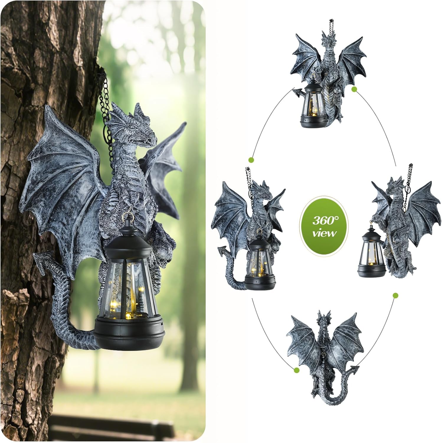 Solar Dragon Tree Hugger Statue - 9.6" Garden Decor with LED Lights and Skull, Waterproof Resin Dragon Sculpture for Outdoor Patio, Yard & Lawn Decorations, Unique Gift for Fantasy Lovers