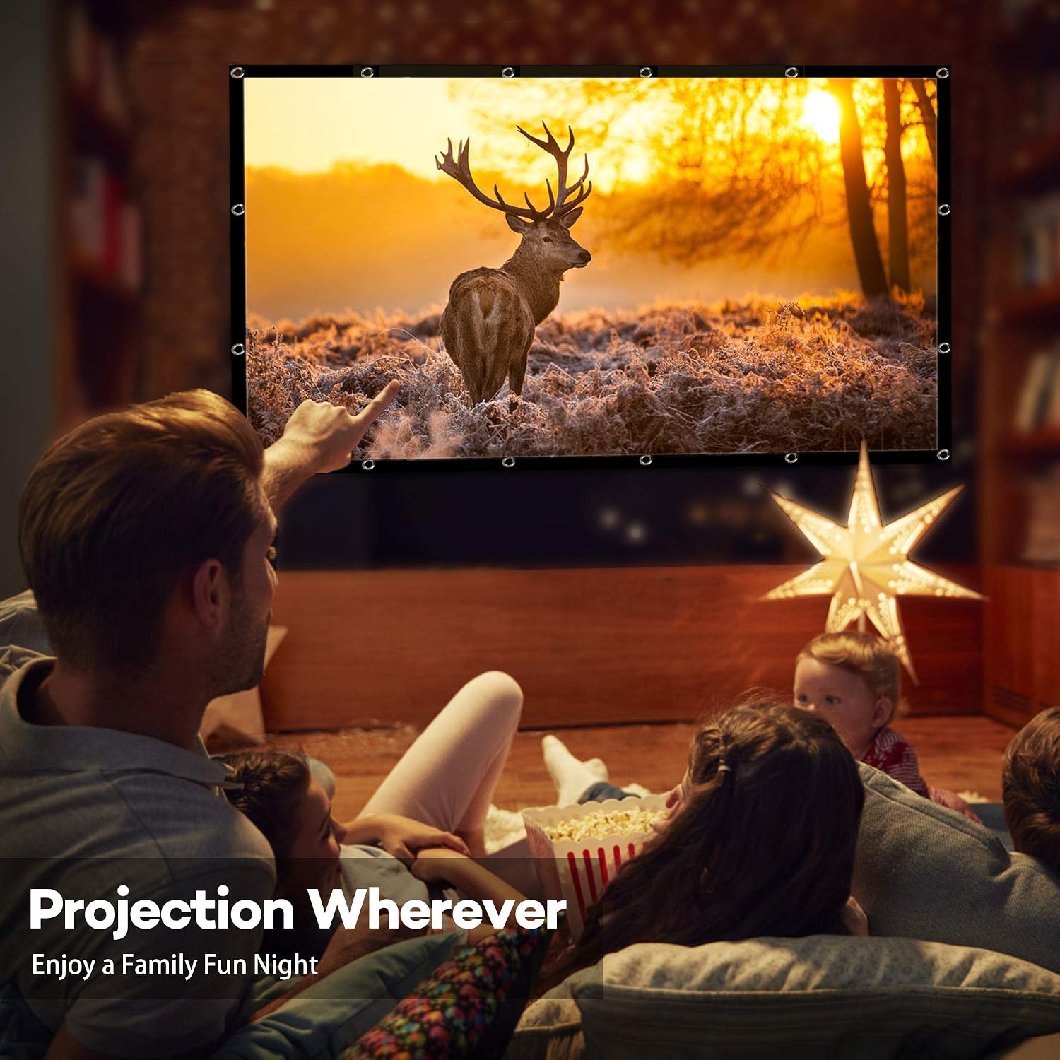 A family enjoying a movie projected onto the screen in a home setting, highlighting its versatility for various projection environments.