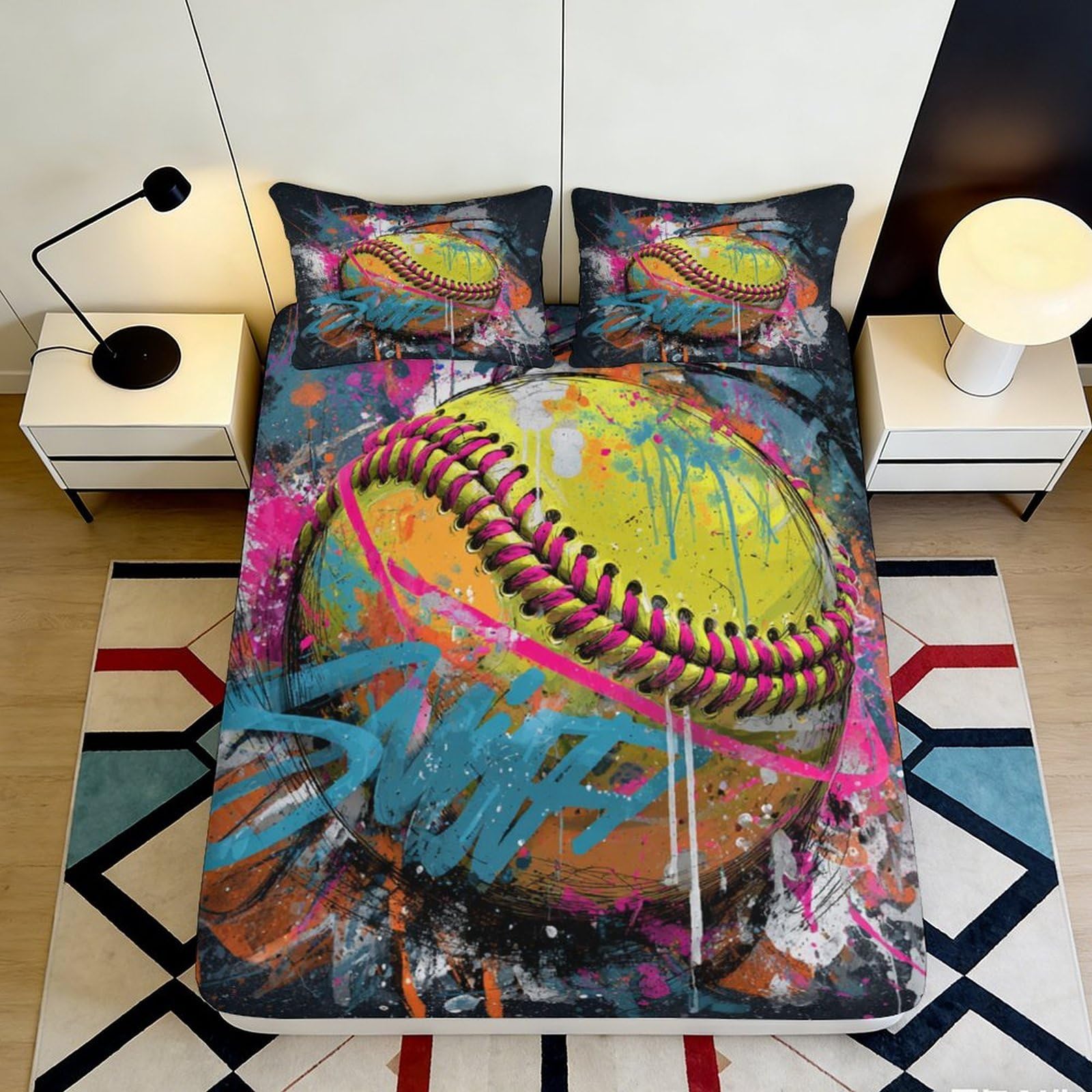3D Printed Graffiti Softball Fitted Sheet Microfiber Vibrant Urban Bed Cover for Bedroom Dorm Mattress Decor 90x200x25cm