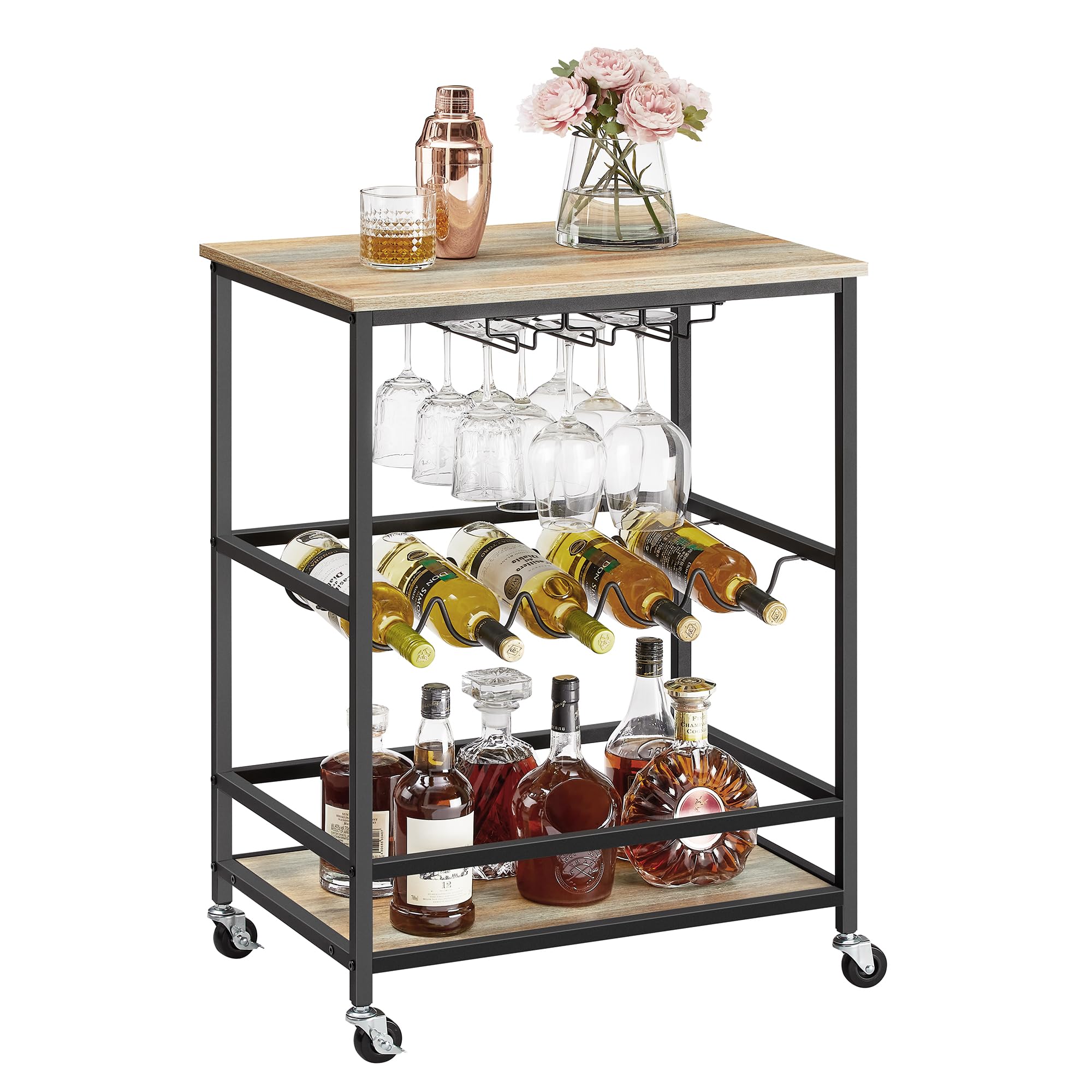 VASAGLE Bar Cart, Serving Cart with Casters, Glass Holders, Wine Holders, 15.7 x 23.6 x 32.3 Inches, Industrial, for Home Bar, Kitchen, Dining Room, Turquoise Brown and Simply Black ULRC087B60”MAYBE DAMAGED