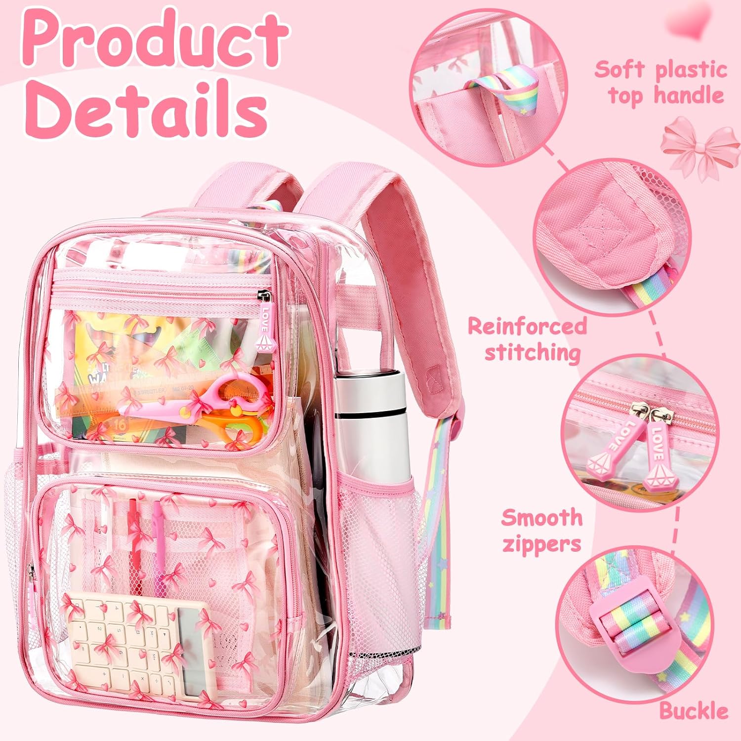 Pink Bow Clear Backpack Coquette Gift Women Preppy Cute Back Pack Stadium Approved See Through Backpack 16 H x 6 W x 12 L Heavy Duty PVC Waterproof Bag for Travel Work Concert Stadium Events