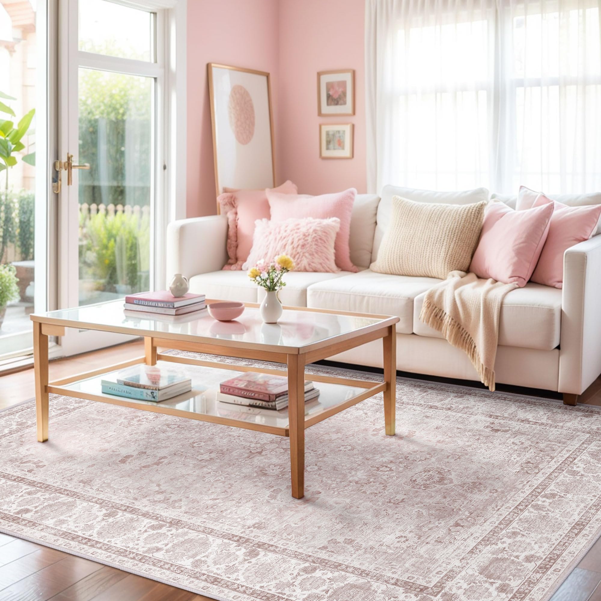 Deerly Tapis D'intérieur Rétro Bohème Lavable Avec Dos Antidérapant Pour Salon, Chambre à Coucher, Salle à Manger, Rose, 1,5 X 2 M