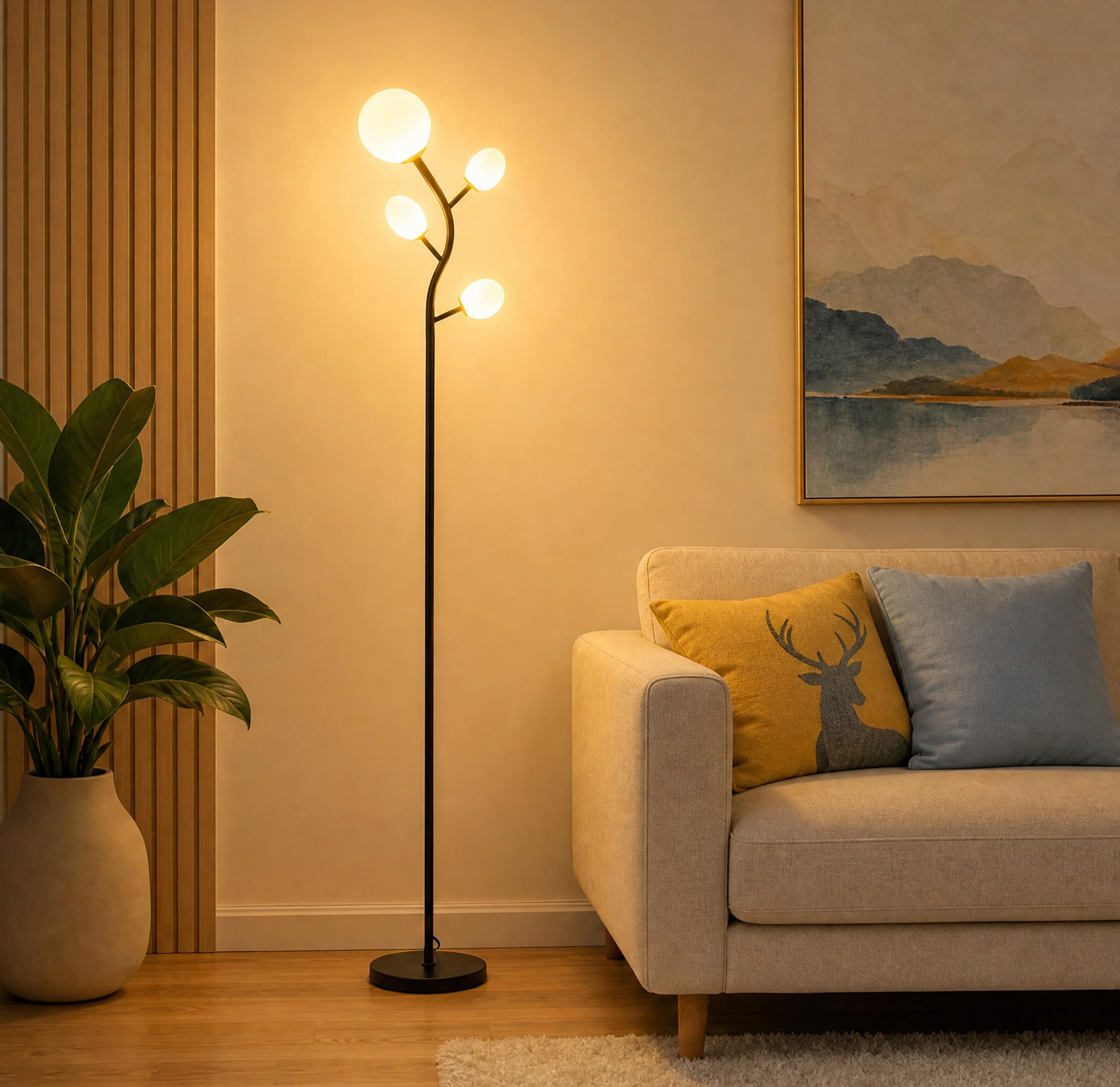 Fiqevs 4 Globe Floor Lamp for Living Room, Mid Modern Standing Tree Lamp