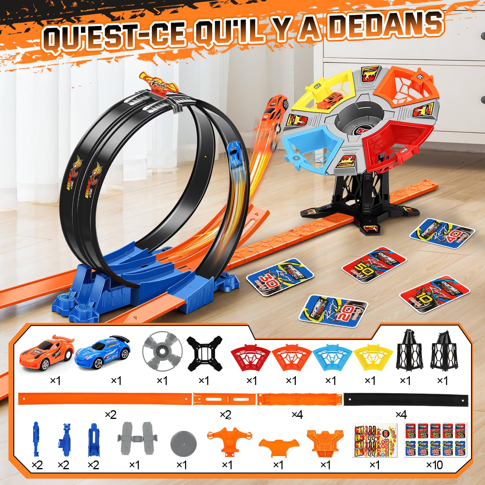 Charmofun Piste de Course Voiture Enfant, Circuit de Voiture Jouet avec Circulaires, Double Voies, Jouet Circuit pour Enfants de 3+ Ans