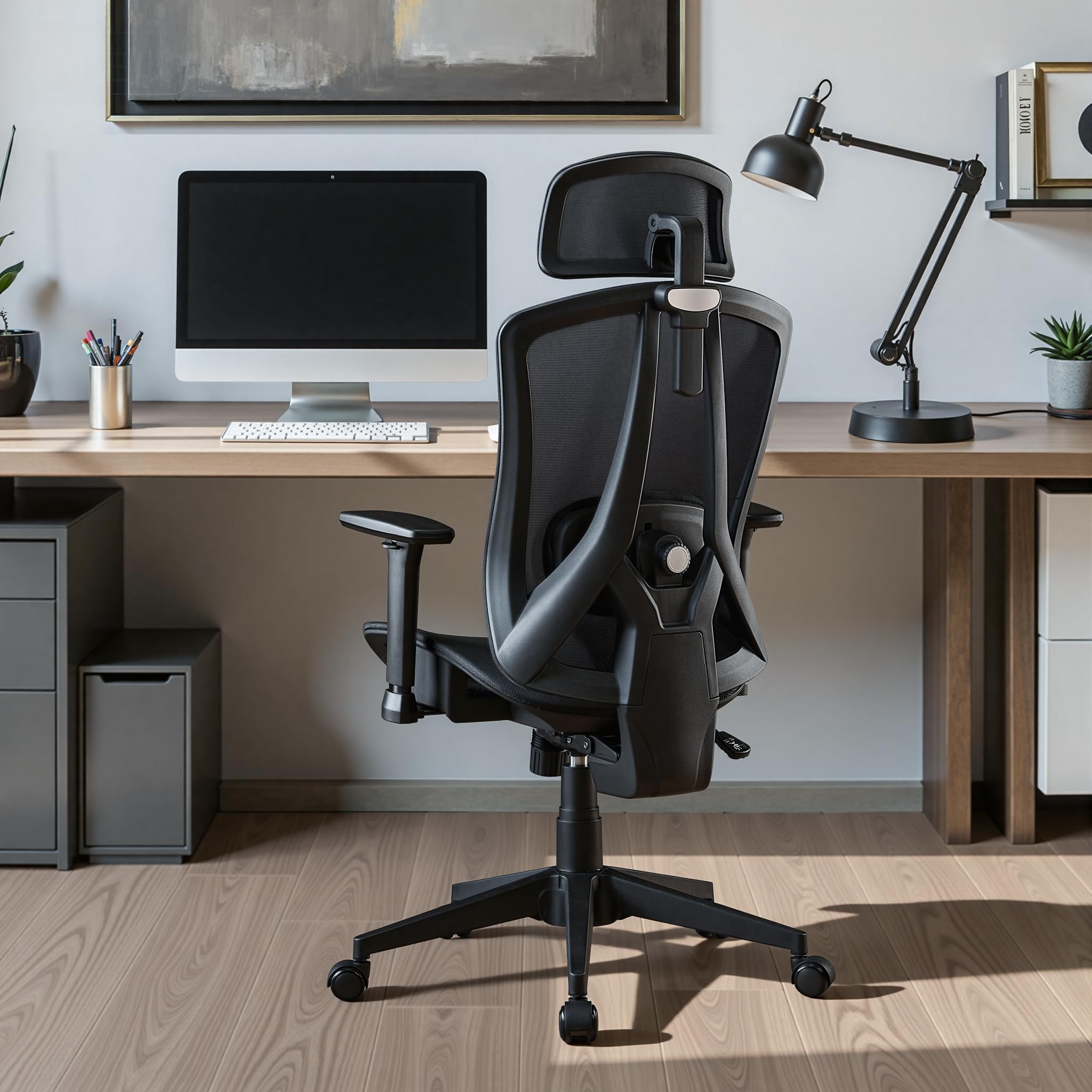 STOOLINK Silla de Oficina Ergonomica de Malla de Carbono con Ruedas | con 3D Reposabrazos Ajustable y 3D Reposacabezas Ajustable, Soporte Lumbar Dinámico, Giratoria, para Oficina en Casa, Estudio