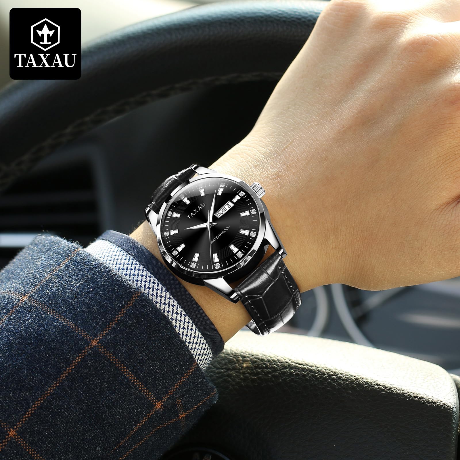 Taxau Montre classique en cuir pour homme - Analogique - Grand cadran - Montre de luxe étanche - Date de jour - Reloj para hombre