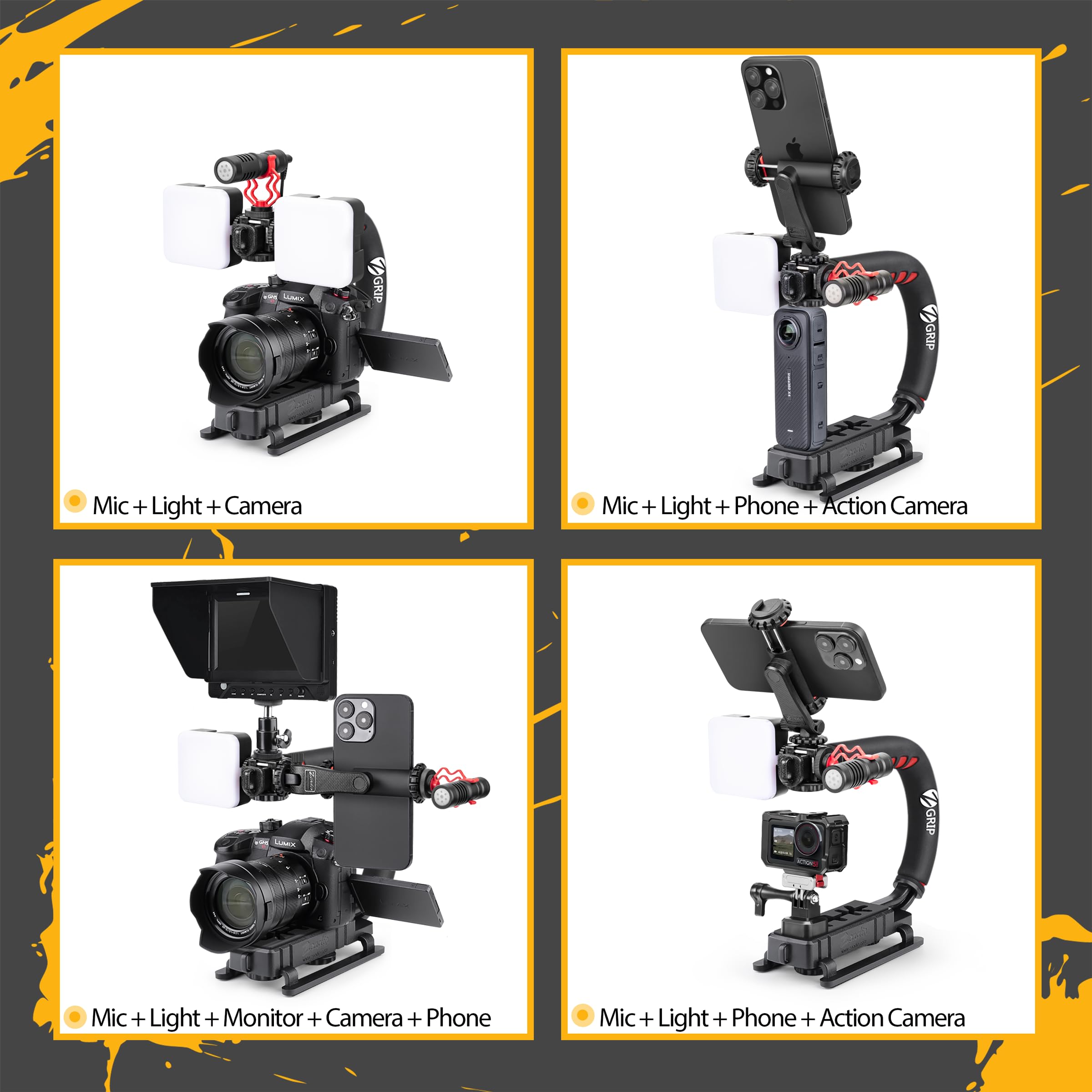 Zeaido Stabilisateur vidéo à Main, kit rig poignée caméra Tout-en-Un avec lumière vidéo LED dimmable, Microphone, Support téléphone, Adaptateur caméra d'action pour vlogging, Youtube, TikTok, etc
