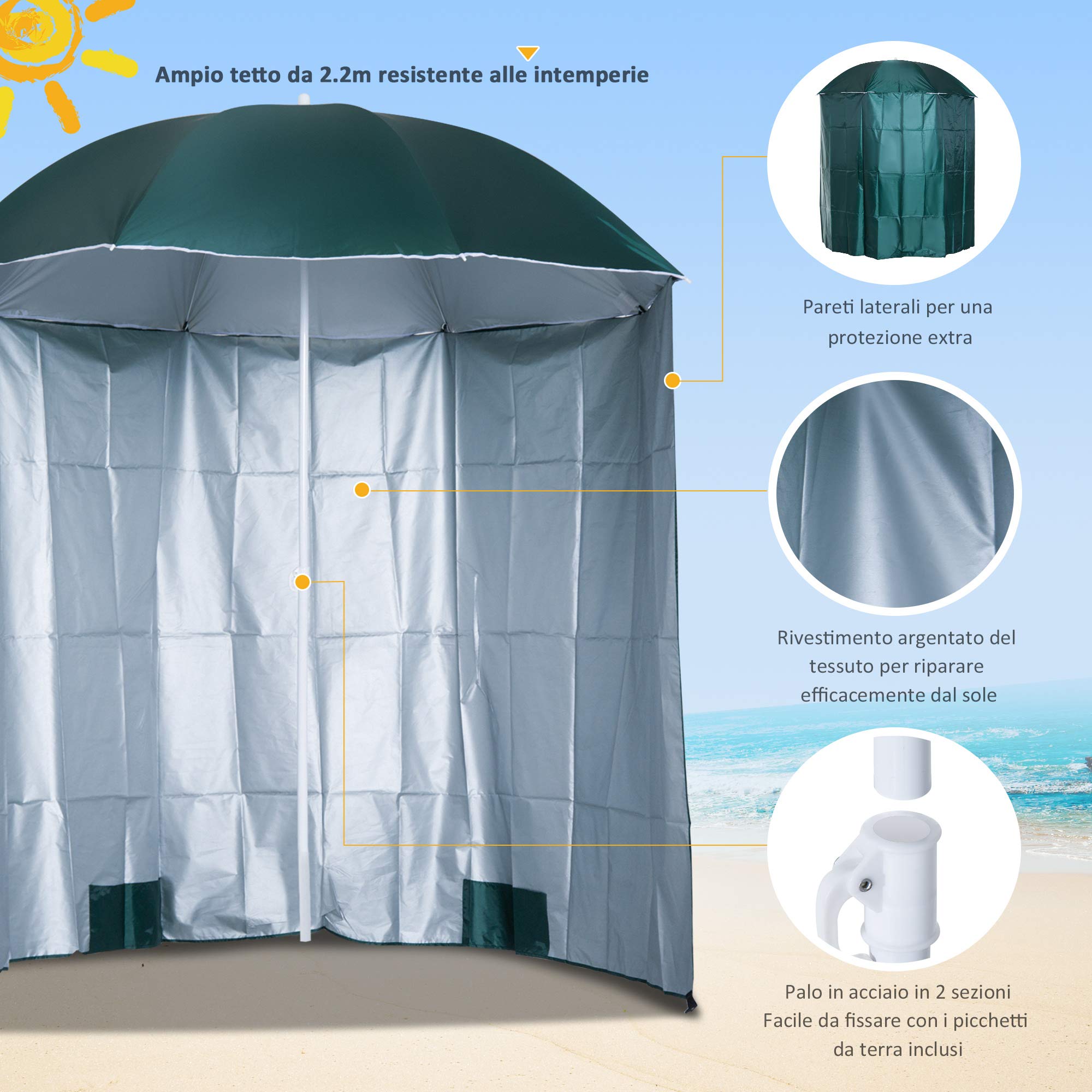 Outsunny Ombrellone da Spiaggia Ø2.2x2.2 m con Tendina Laterale, Sacchi per Sabbia e Picchetti