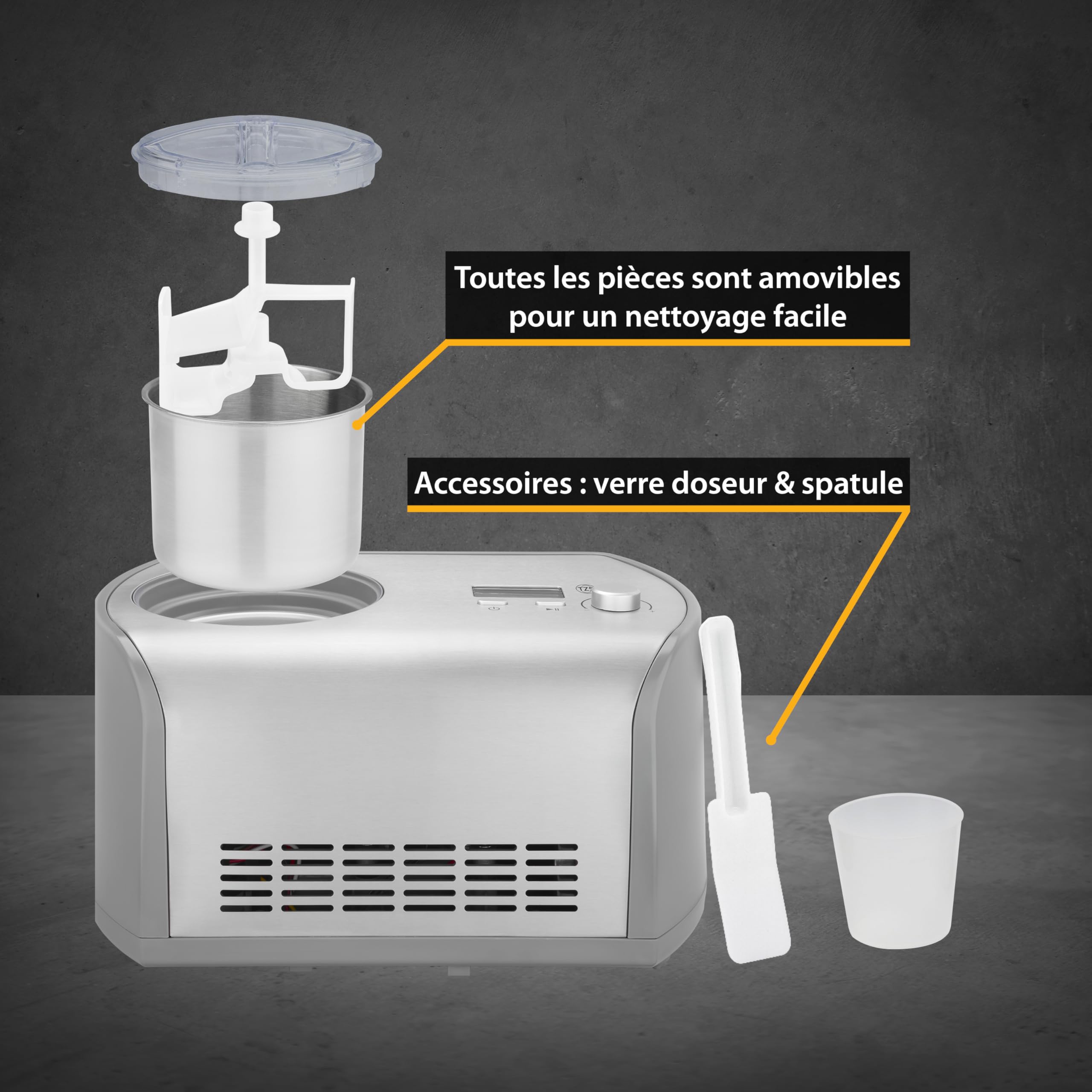 TZS First Austria Sorbetière 1,2L - 135W - Compresseur et Fonction Réfrigérante - Machine à Glace pour Crème Glacée, Sorbet ou Frozen Yogurt - Acier Inox - Gris