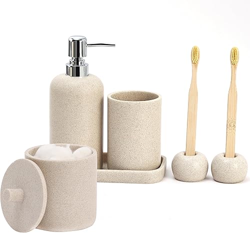 Miniatura 10 de Juego de accesorios de baño, organizador de baño para encimera, dispensador de jabón y soporte para cepillo de dientes, taza de enjuague bucal