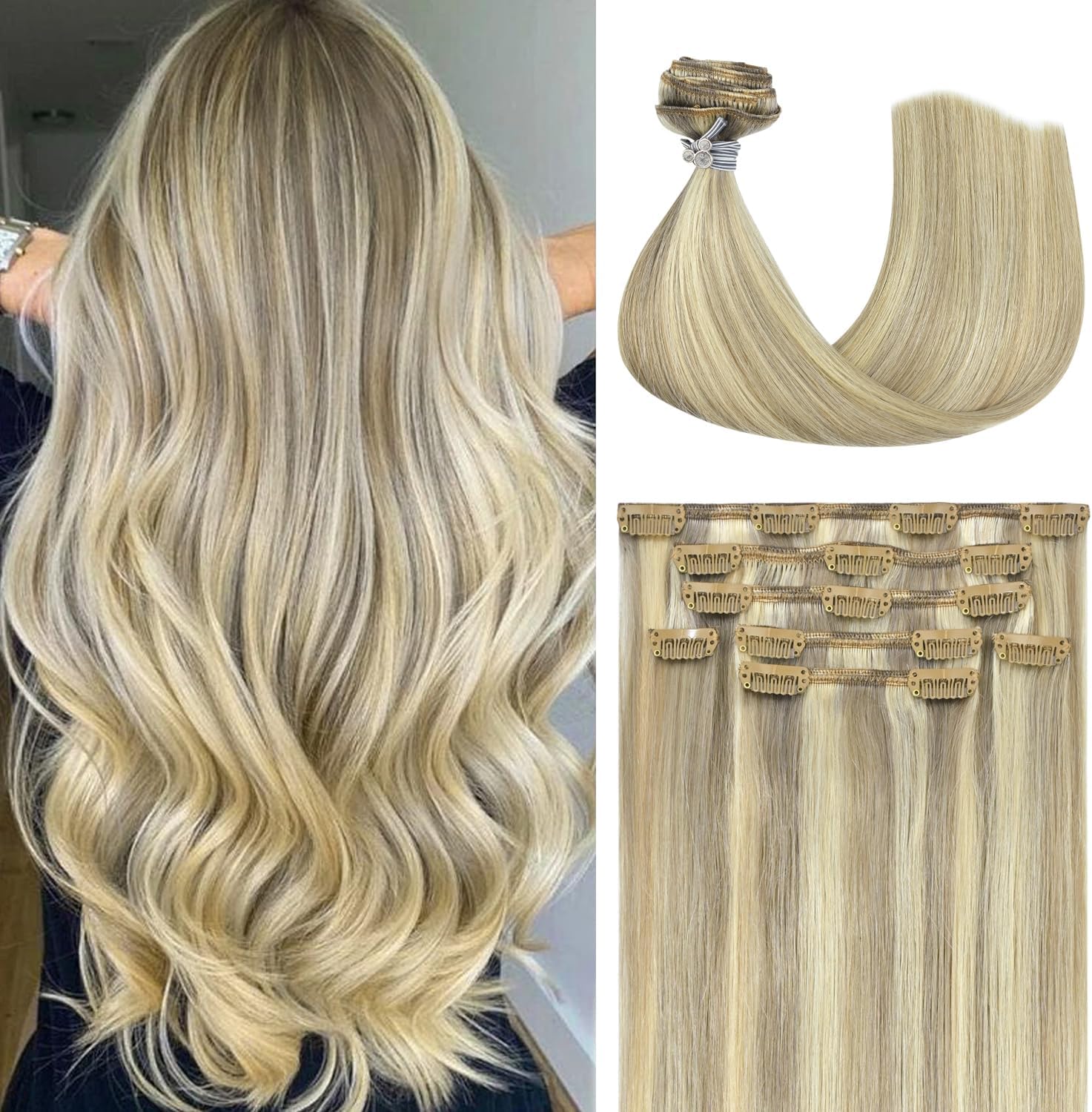 Honsoo Blonde Hair Extensions Clip In Balayage Hair Extensions Real Human Hair Mixed Bleach Blonde 15inch 70g 7pcs Straight Silky Blonde For Women Natural Hair