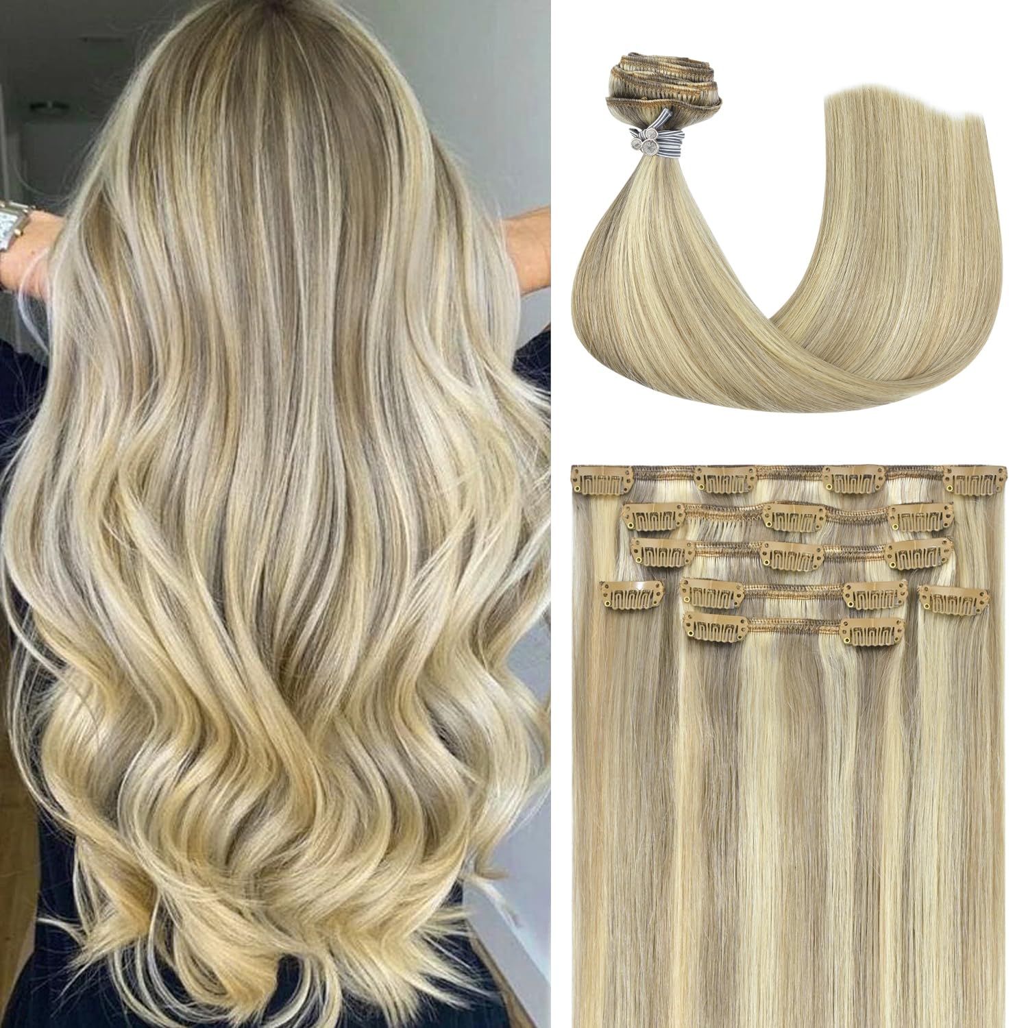 Honsoo Balayage Hair Extensions Real Human Hair Mixed Bleach Blonde 20in 100g 7pcs Clip In Hair Extensions Long Natural Straight Hair Like Your Own Hair