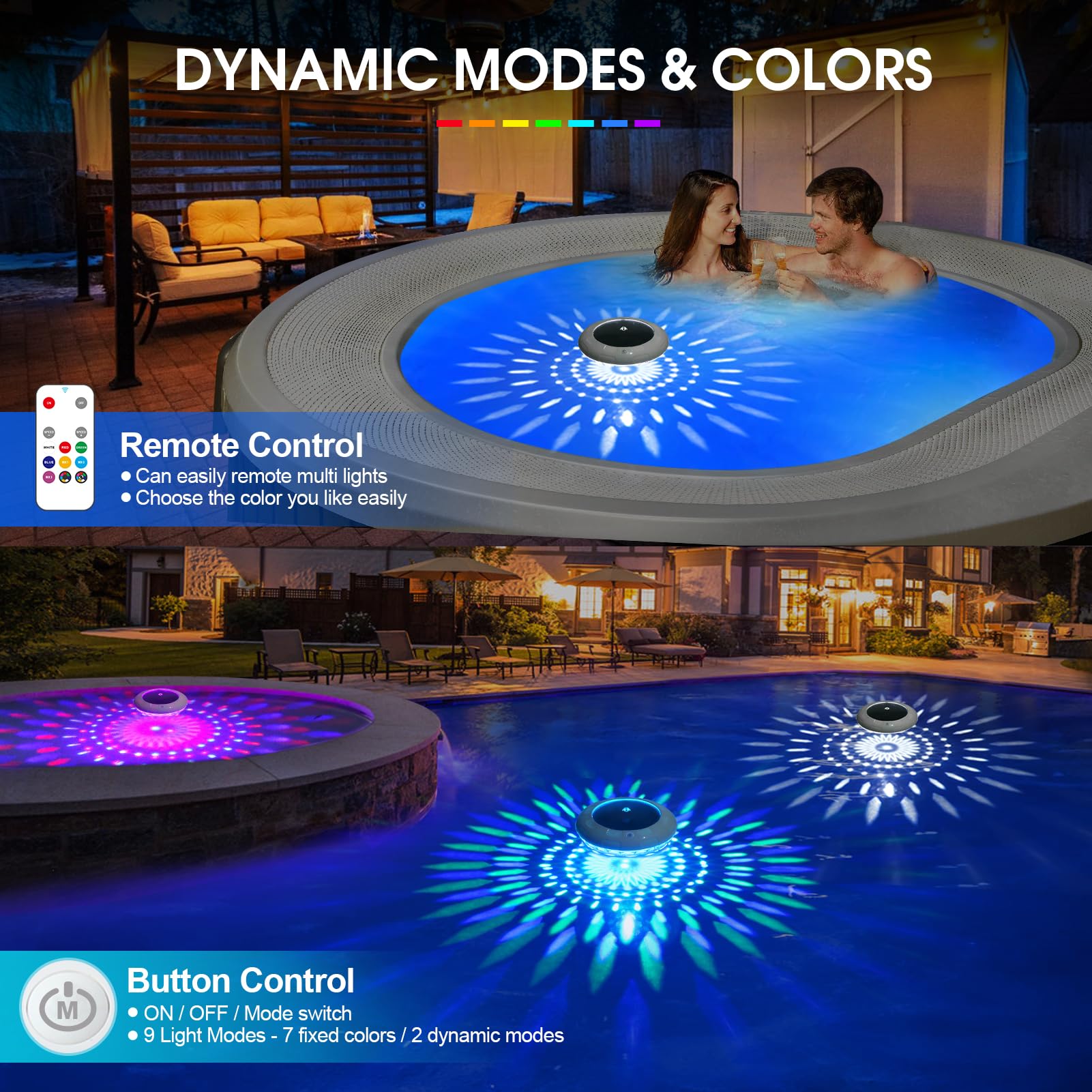 KingSom Lumiere Piscine Flottante avec Télécommande, Lampe Flottante Piscine Solaire avec 12 Modes Colorés, Étanche IP68 Lampe Piscine, Éclairage Piscine, Lumiere Piscine Hors Sol pour Spa-2 Pièces