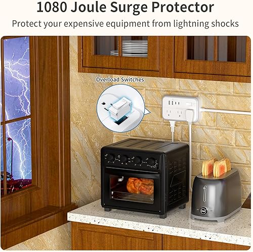 Miniatura 6 de NTONPOWER Regleta de alimentación de 2 clavijas, adaptador de salida de 2 clavijas a 3 clavijas, 1080 julios protector de sobretensiones con 4