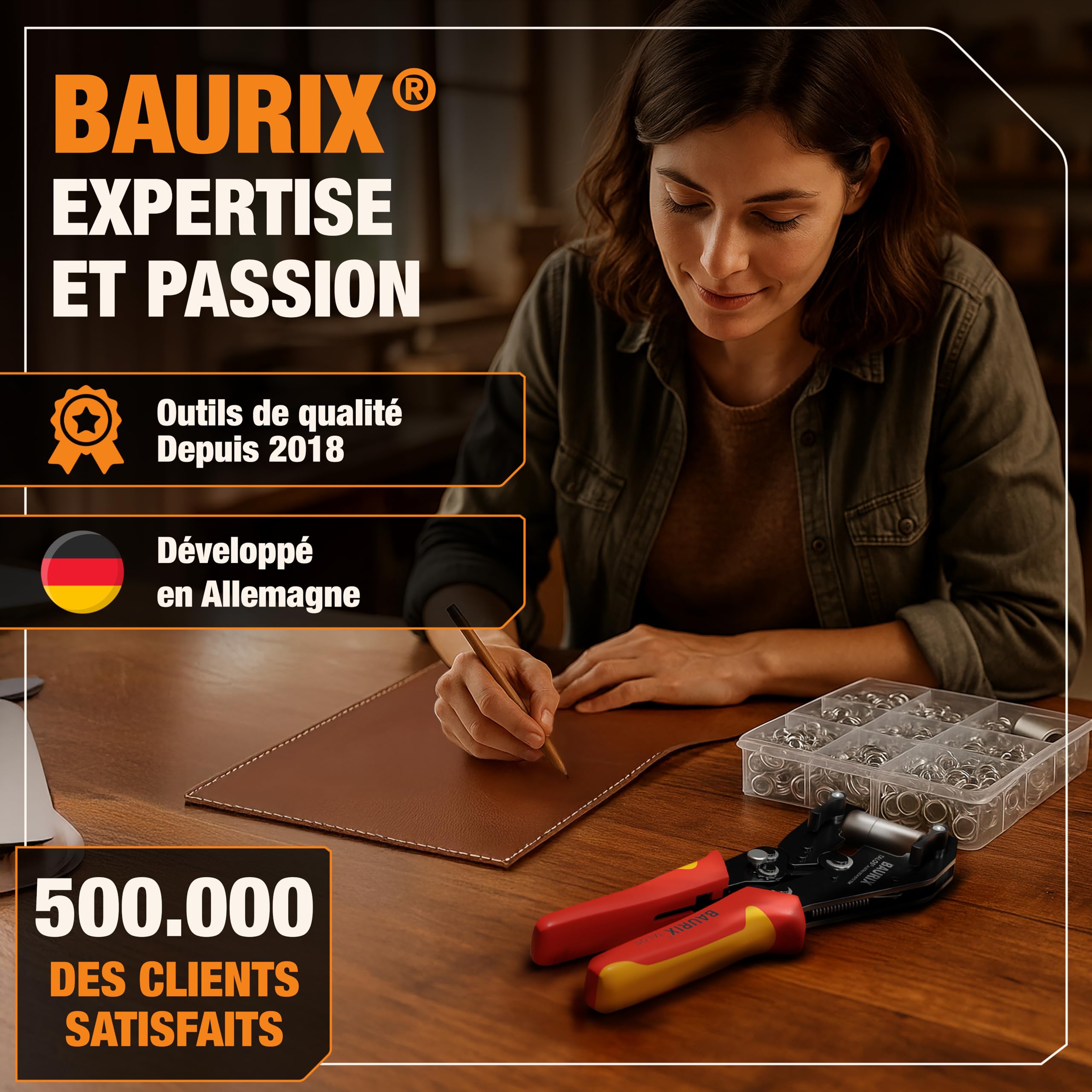 BAURIX® Pince à Oeillets avec 200 œillets (Ø10 mm) – Auto-perforante sans Pré-trou – pour Bâches, Tissus, Cuir & Textiles – pour Couturières, Bricoleurs & Artisans - TALOS