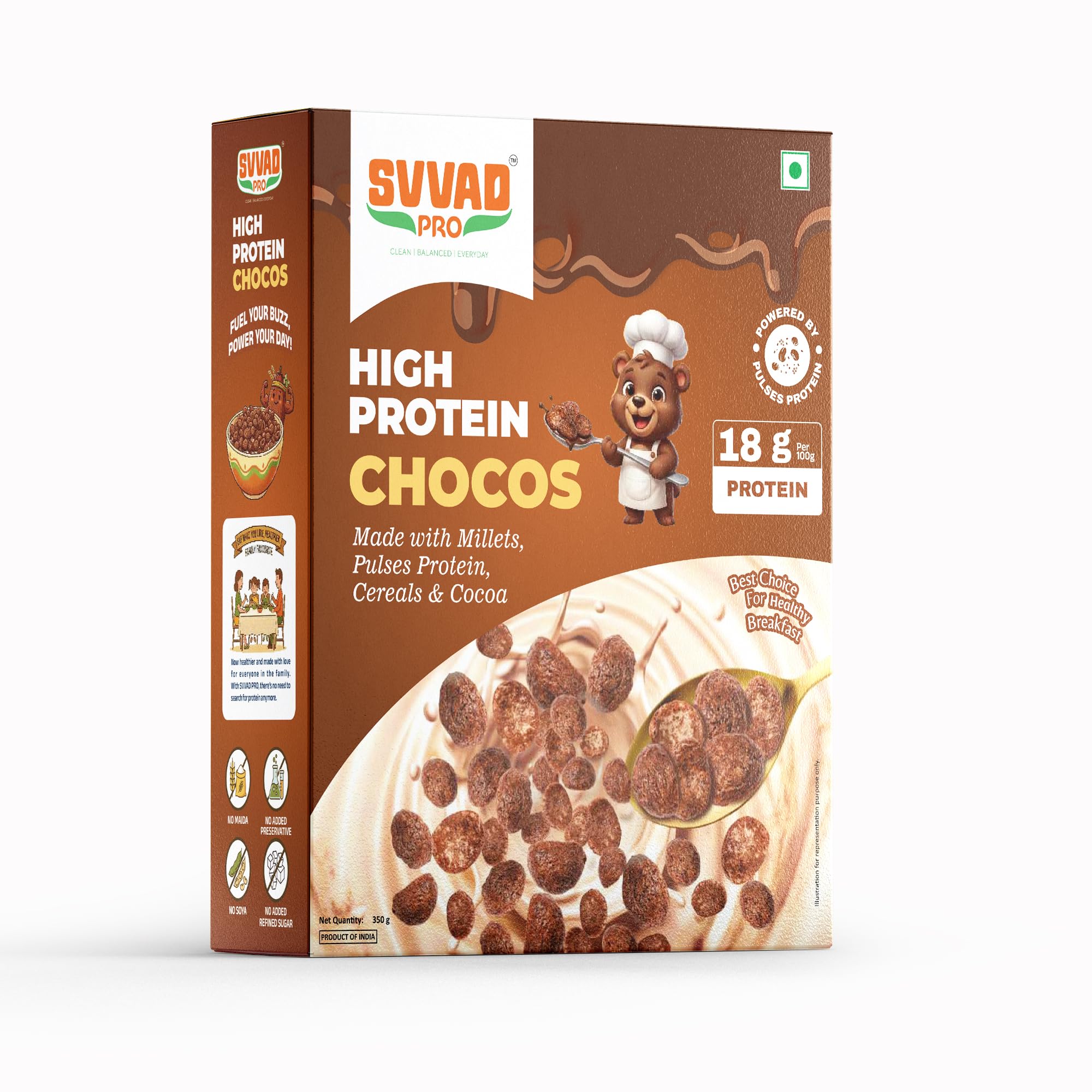 SVVAD PRO High Protein Chocos, Made with Millets, Pulses Protein, Cereals & Cocoa, 18g Protein per 100g, 350g-image-48
