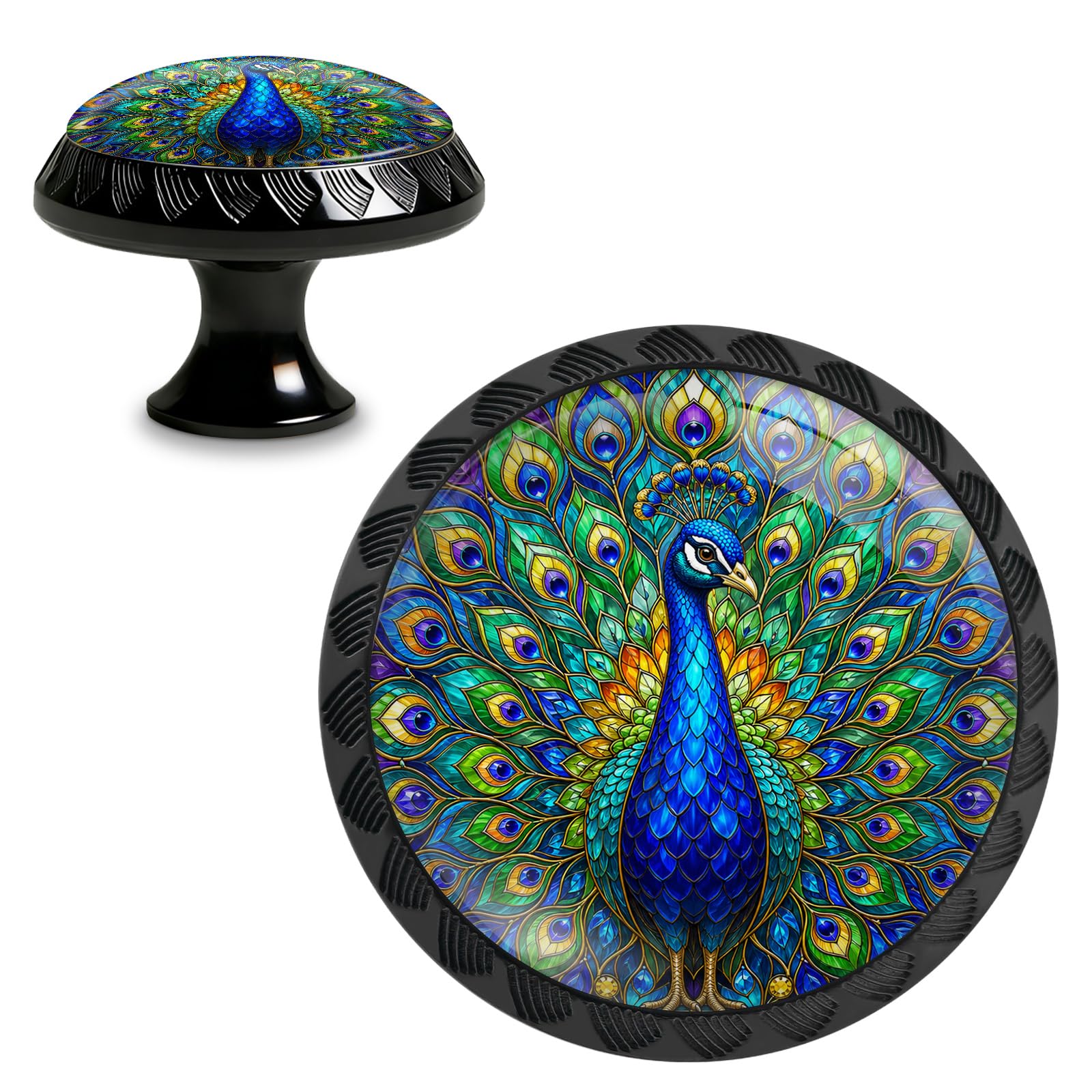 Yiruhe 4 Pack Peacock Cabinet Knobs Pulls, Colorful Peacock Feather Crystal Glass Round Drawer Knobs for Dresser Kitchen Cabinet Wardrobe Cupboard Door Handles