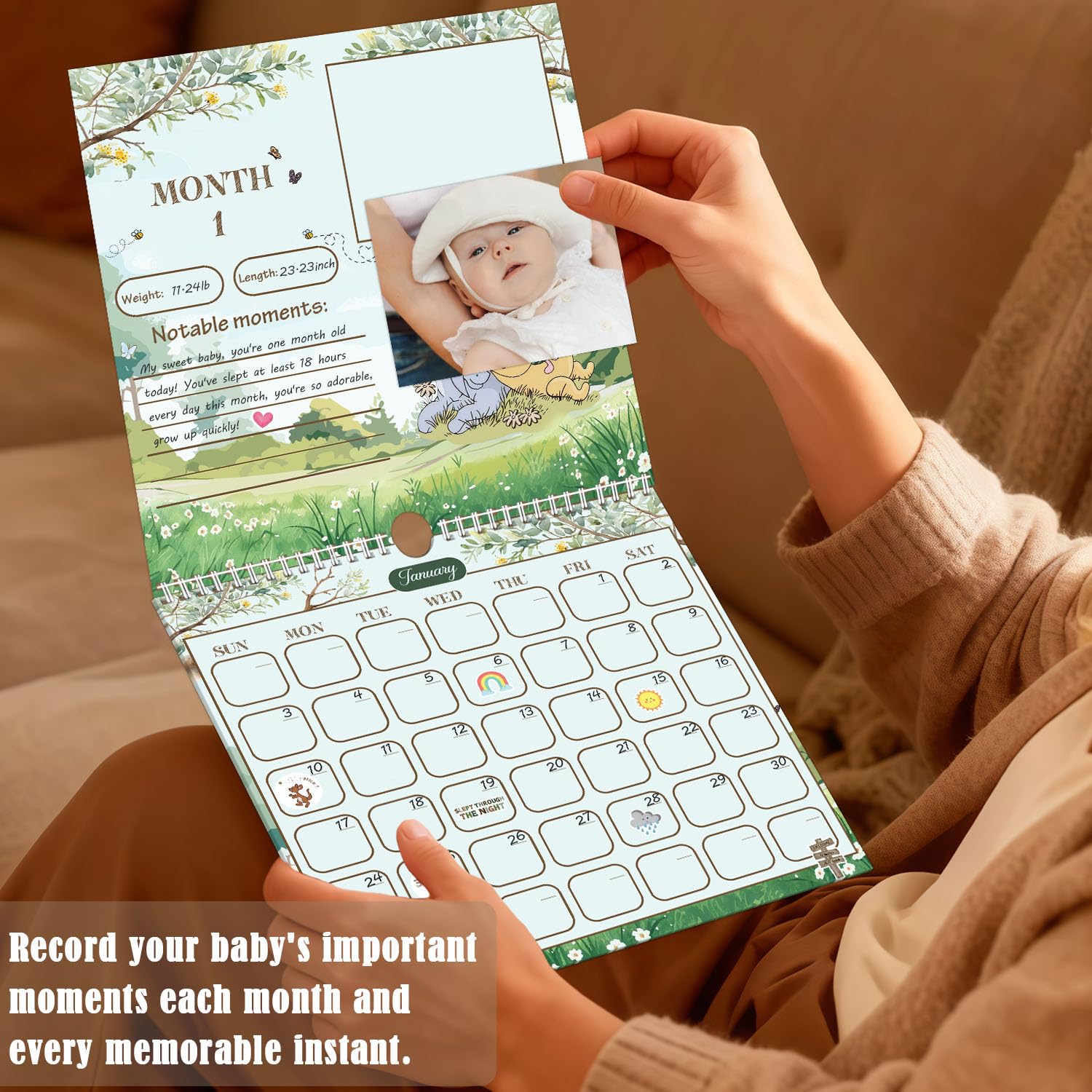 Babykalender Erstes Jahr mit Aufklebern, Winnie Baby Erstes Jahr Erinnerungsbuch, Baby Meilenstein-Kalender, Baby erstes Jahr Andenken Buch, Baby Ultraschall Foto Erinnerungsbuch, Babyparty Gästebuch
