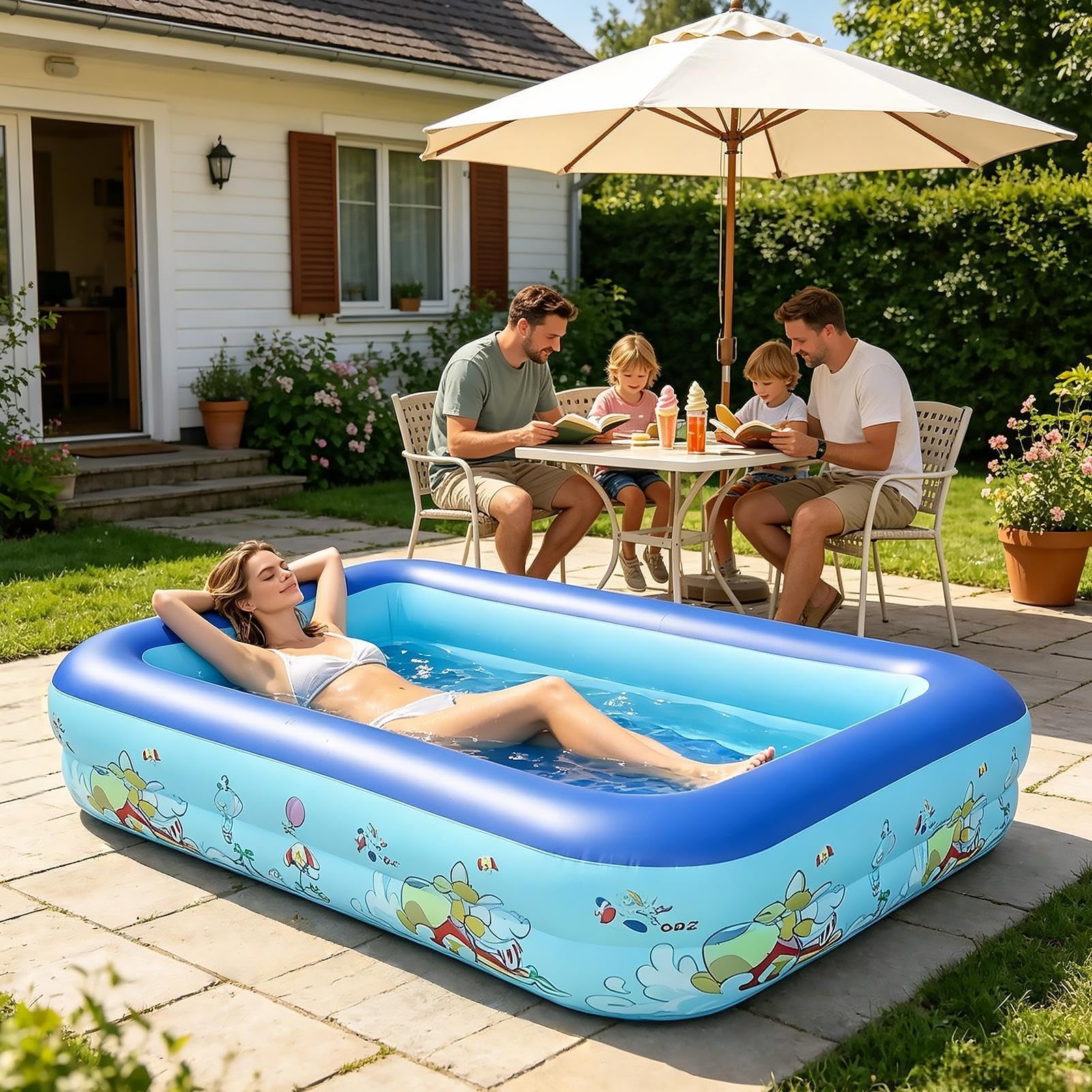 Piscina Gonfiabile Animale Marino Rettangolare Sovradimensionato con | Piscina Gonfiabile per Famiglia Per Giardino Interno Esterno Cortile Prato e per una Festa Estiva con Acq