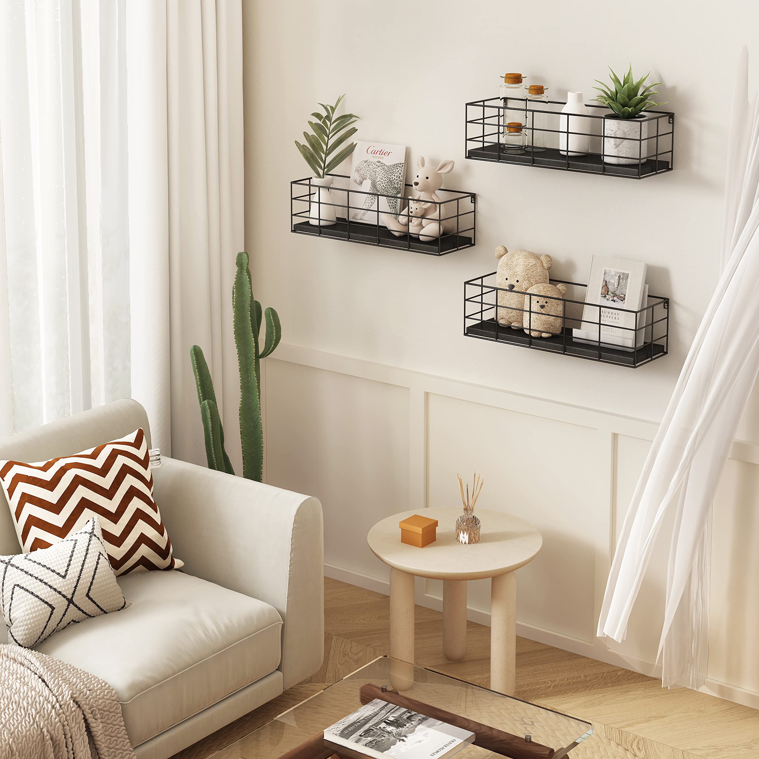 Fixwal 4 Set Floating Shelves Wall Shelves for Storage Hanging Shelves Wall Mounted for Living Room Kitchen and Bedroom Bathroom for Wall Decorative Storage (Black)