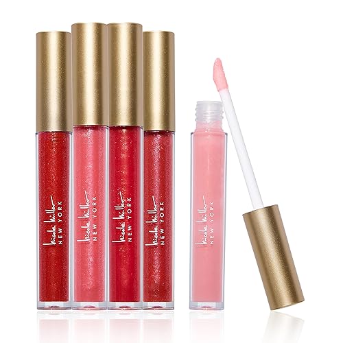 Nicole Miller Juego de 5 brillos labiales en relieve - Belleza libre de crueldad animal en botellas transparentes, brillo rojo
