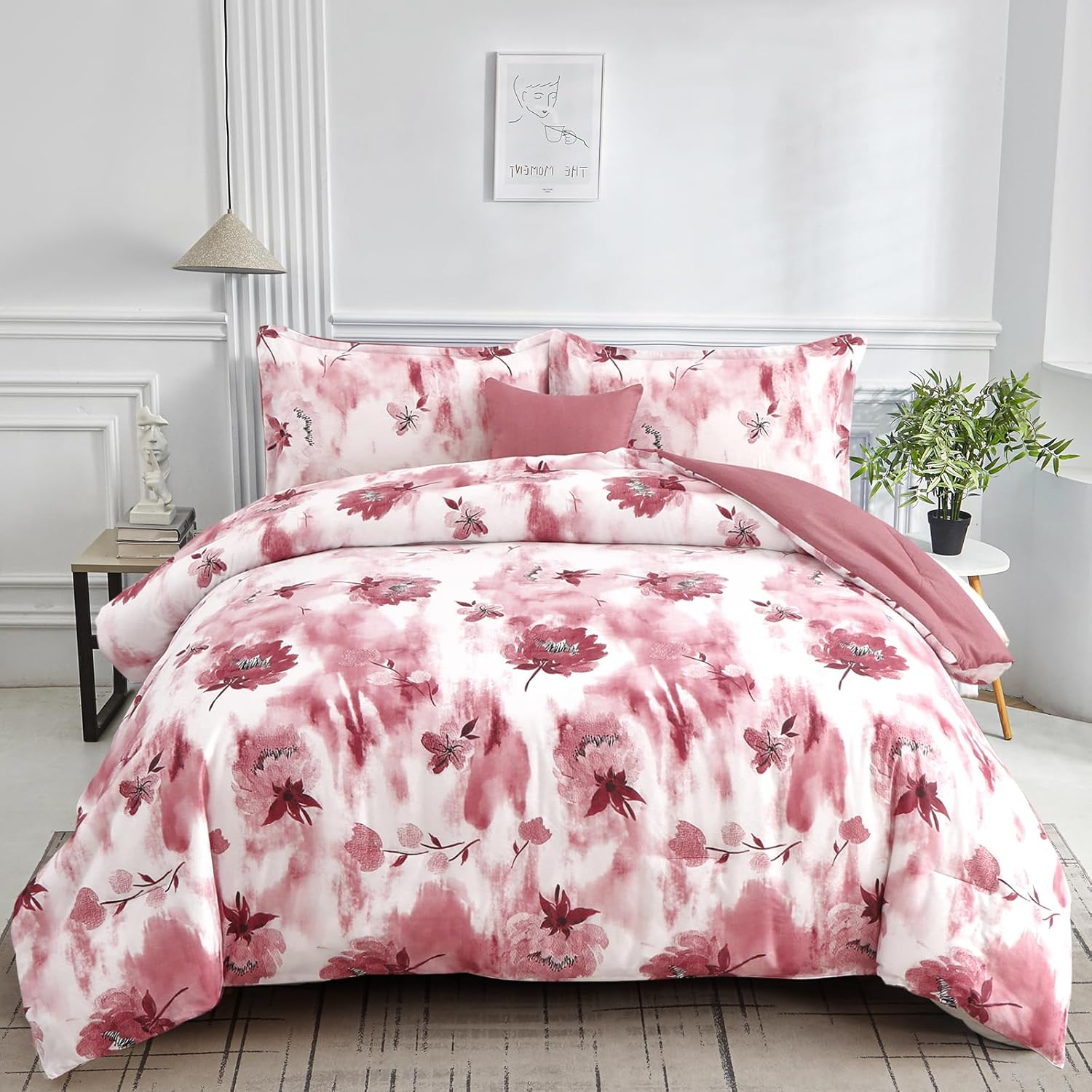Dintszyayue Floral Comforter Set Queen,4 Pieces Red Flower