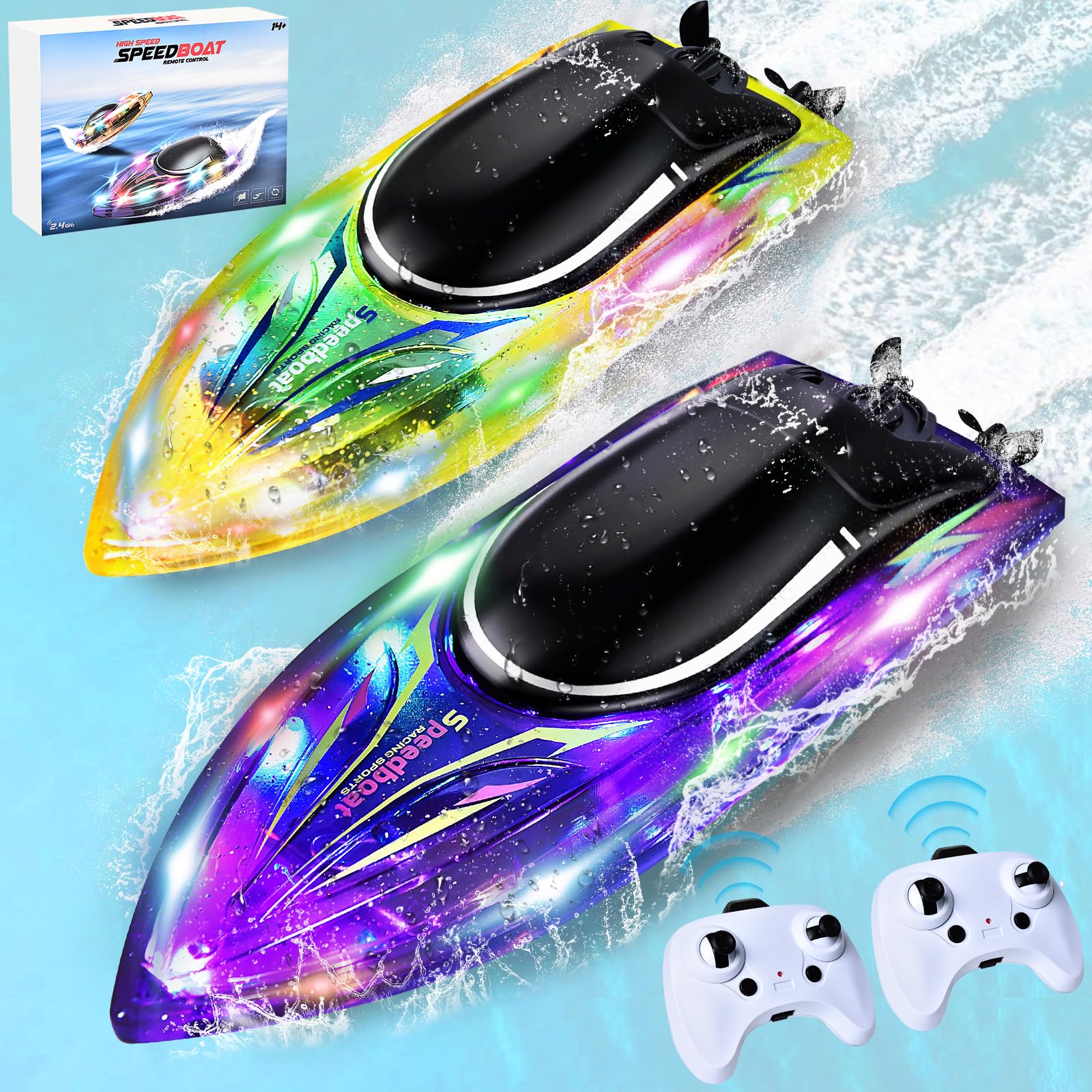 JONRRYIN Barco Teledirigido 2 Piezas, 2.4GHz Barco RC con Luces LED, Barcos de Carreras para Adultos y Niños, Barco de Control Remoto Regalo para Niños y Niñas, RC Barco Juguete para Piscina, Lago