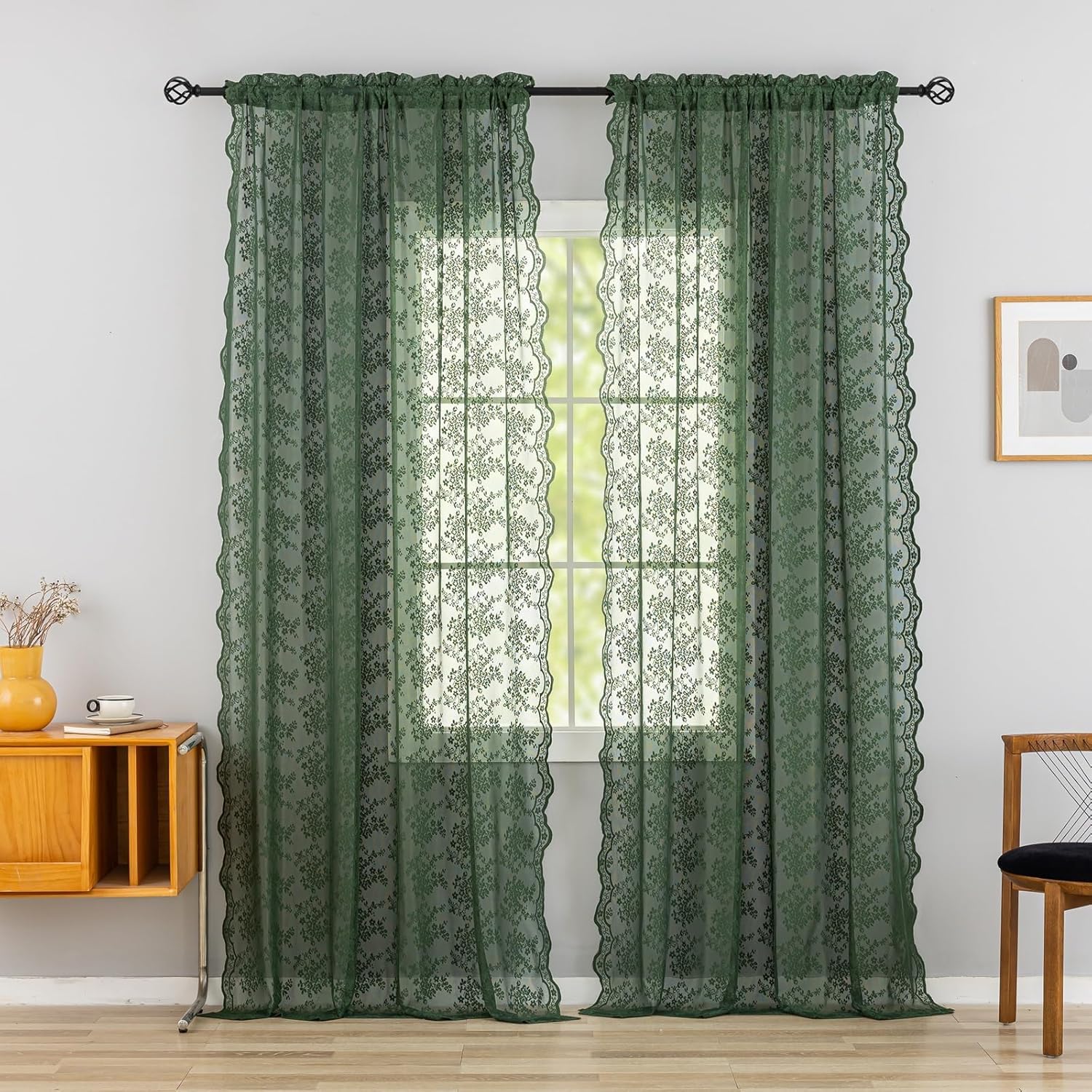 YJ YANJUN Dark Green Lace Net Curtains for Windows 72 inch Drop Pair Vintage Floral Sheer Voile Curtain Panels for Living Room Bedroom - 2 Panles 52 W x 72 L Inch(132cm Width x 183cm Drop) — image 1