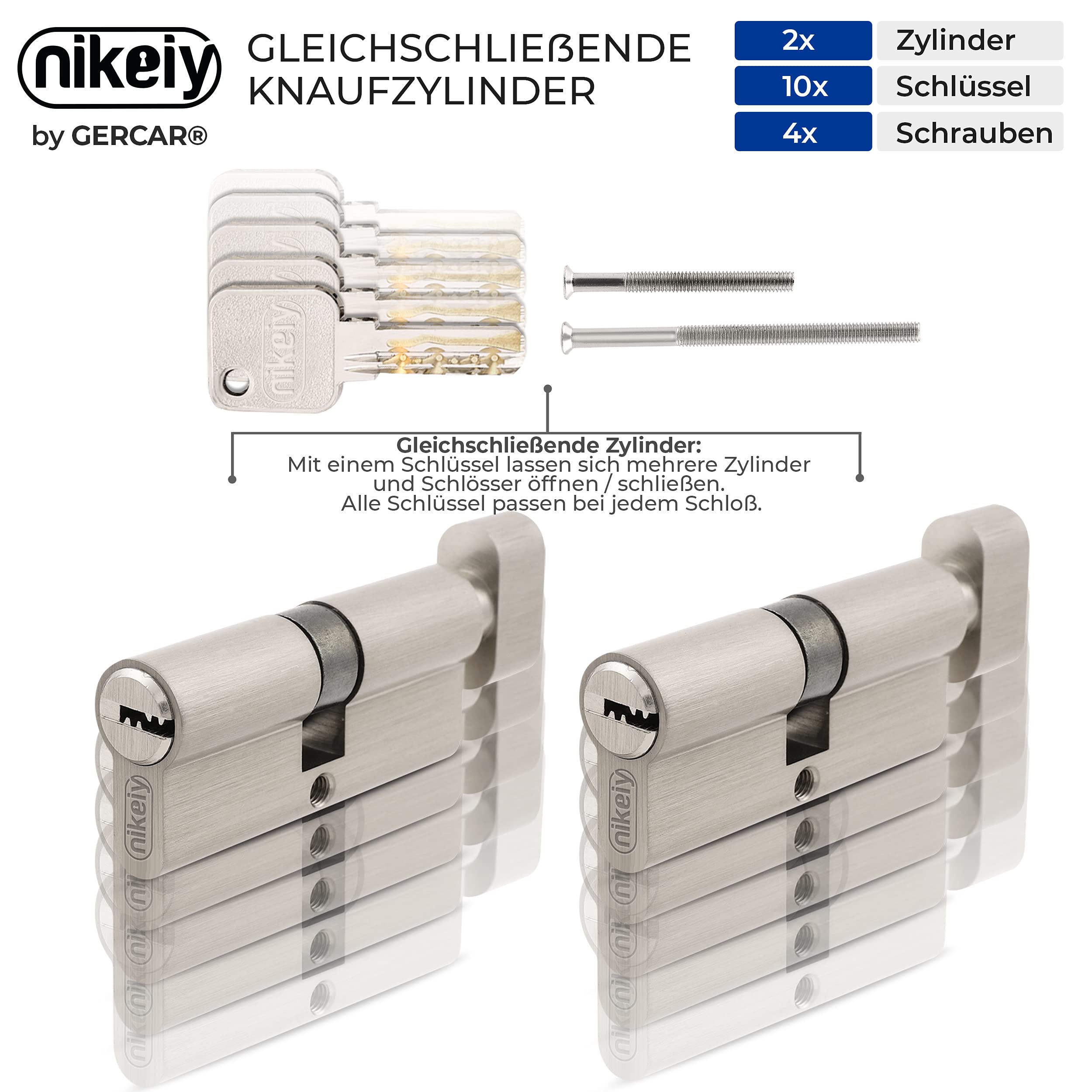 GERCAR Pro Lot de 2 cylindres à bouton à fermeture identique 30/30 - Avec bouton - Avec 10 clés - Serrures de porte à cylindre - Longueur : 60 mm - A : 30, B : 30 - En laiton mat massif