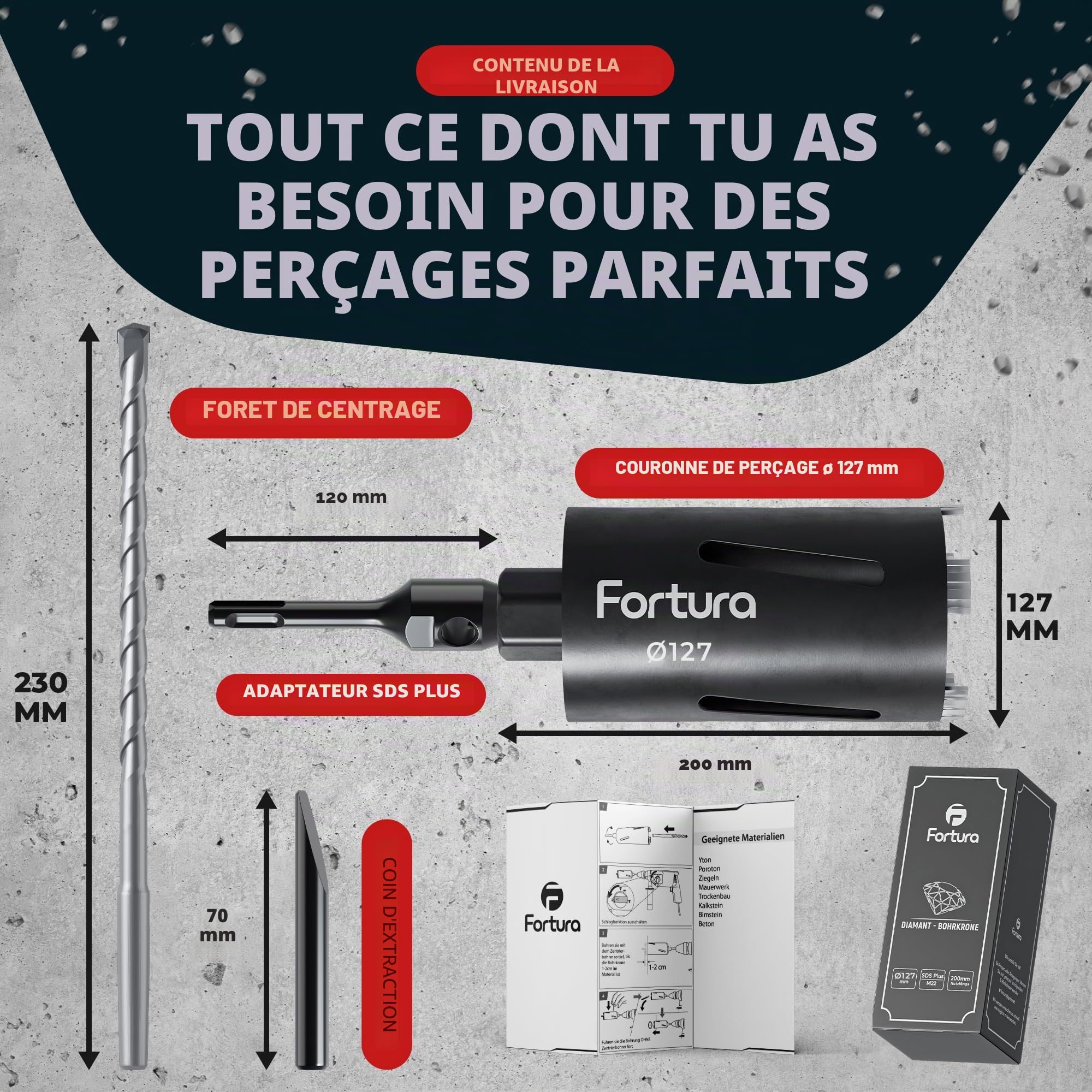 Fortura Carotte/couronne de forage Ø 50-162 mm / longueur 200 mm / SDS Plus / foret / couronne diamantée / trépan à douille / foret à carotter / diamant (Ø127 x 200 mm)