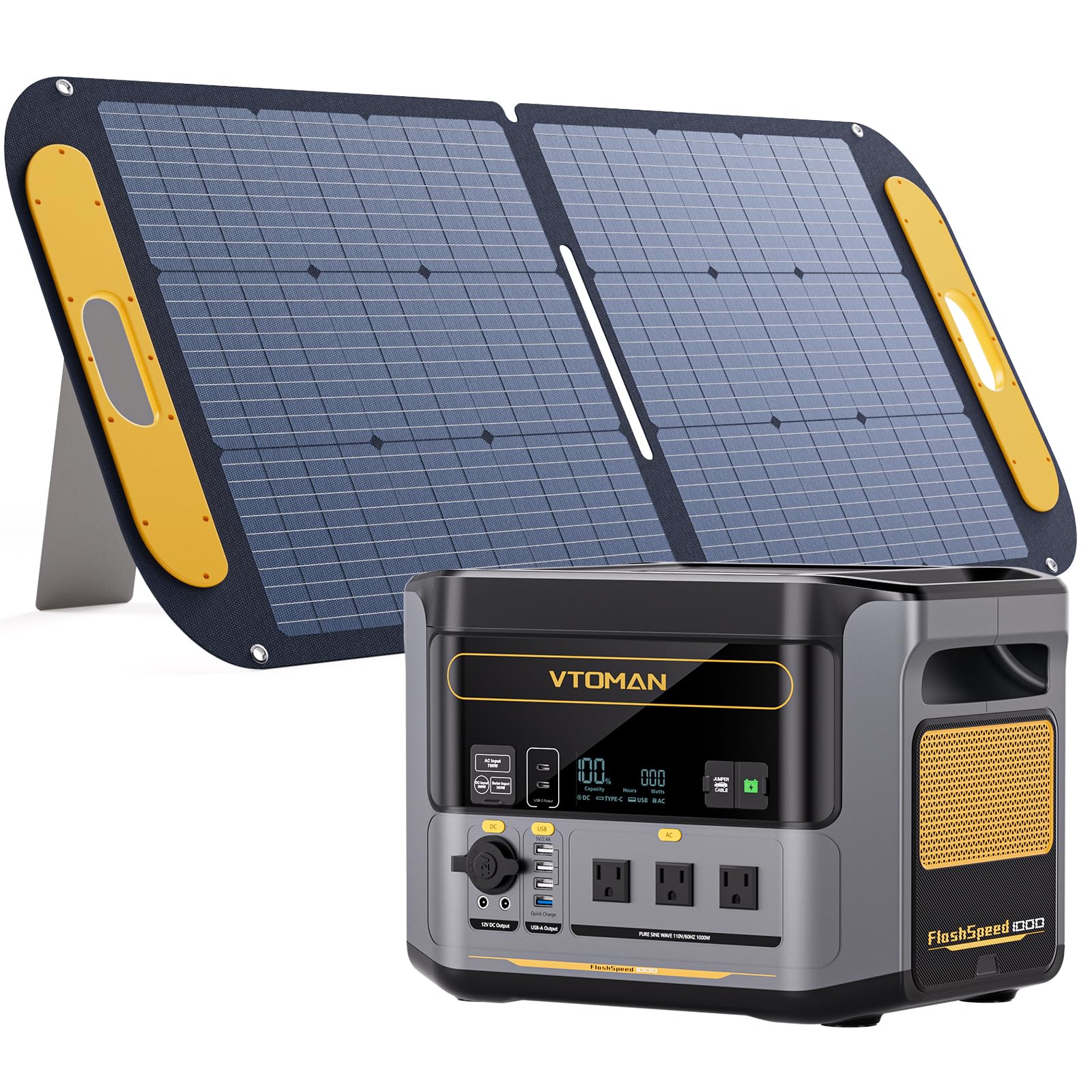 VTOMAN FlashSpeed 1000 Solar Generator 1000W/828Wh with 110W Solar Panel - LiFePO4 Battery, Expandable to 2376Wh, IP67 Waterproof Solar Charging for Extended Off-Grid, Home Backup, Camping, RV