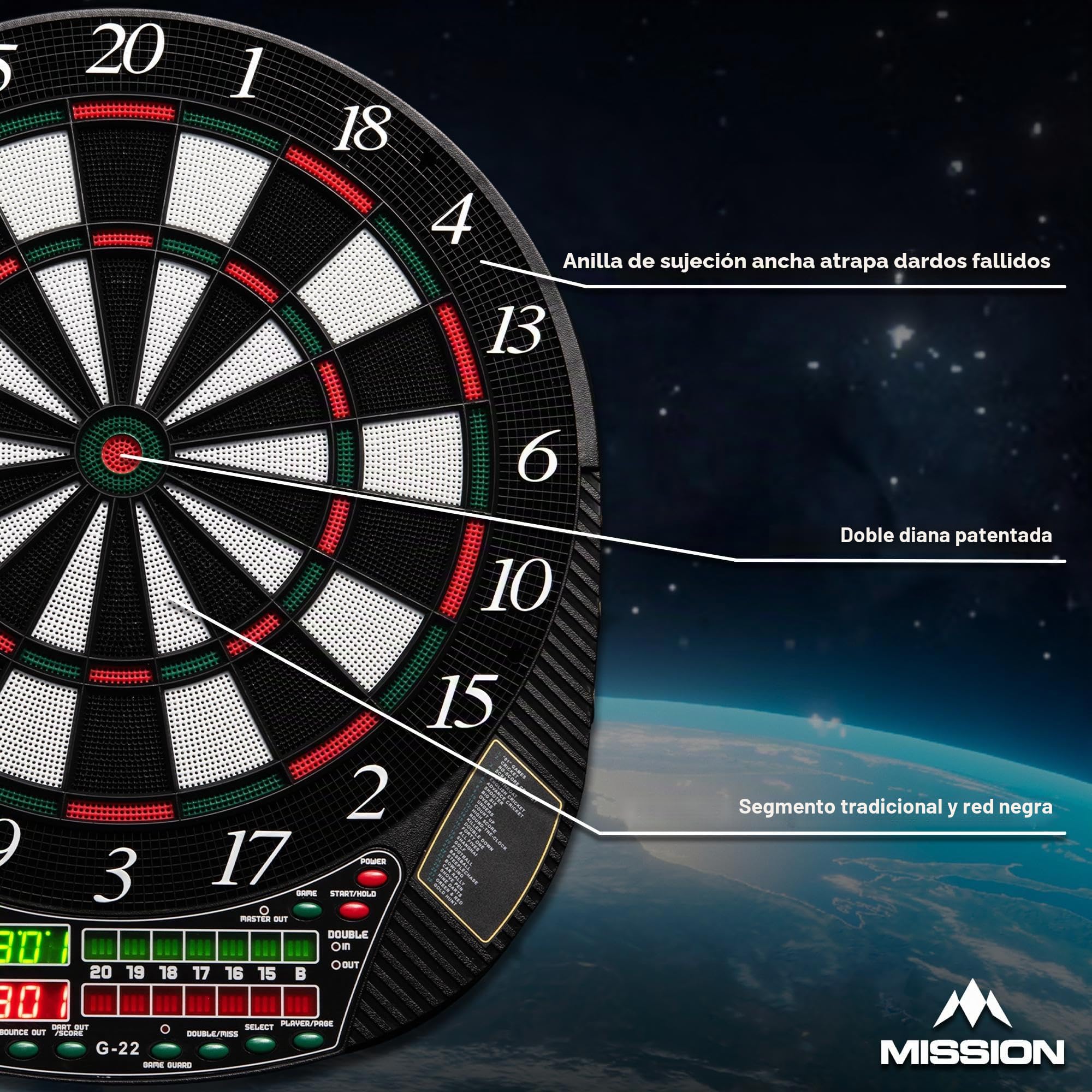 Mission | Diana electrónica G220 | Punta suave profesional | Hasta 16 jugadores | 28 juegos | Incluye 4 juegos de dardos.