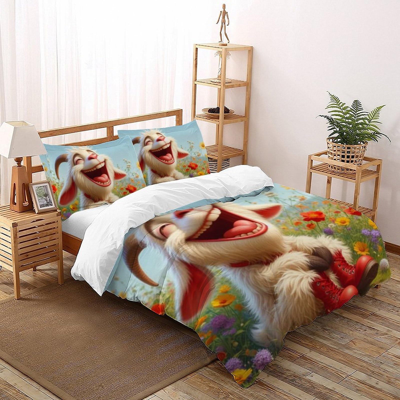 Housse de couette chèvre 3D en microfibre respirante et anti-plis pour lit enfant King