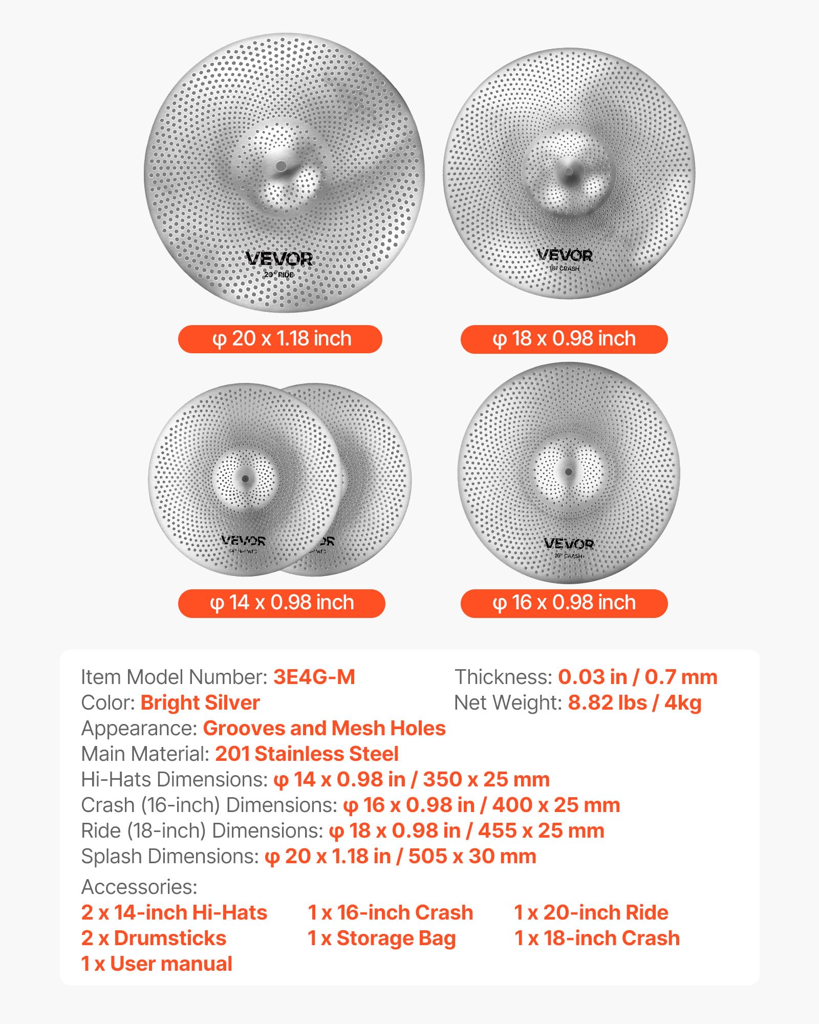 VEVOR Pacchetto Piatti Batteria, 4 Pezzi Silenziosi Lega, Hi-Hat 350 mm, Crash 400 e 455 mm, Ride 505 mm, Bacchette e Borsa, Rame Lucido