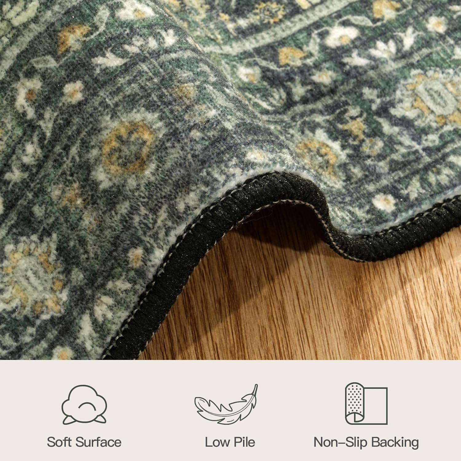 Lofus 2X 8 Area Rug for Hallways,Green Washable Runner Rugs with Non Slip Rubber Backing, Low Pile Soft Carpet Runner for Kitchen Bathroom Bedroom Laundry