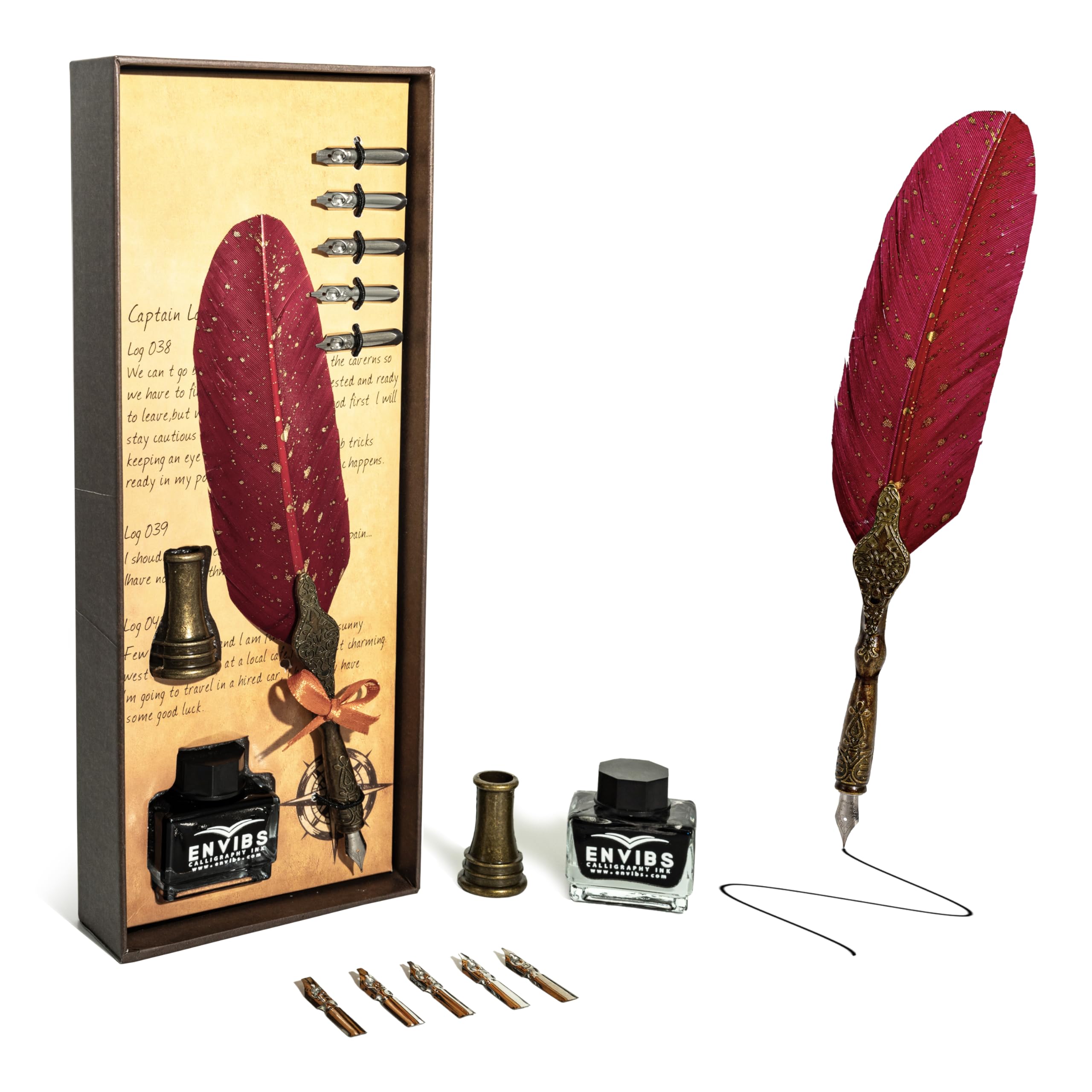ENVIBS Feather Pen Set with Ink Bottle and Pen Stand, Antique Calligraphy Writing Quill Dip Pen, 5 Replacement Nibs, Unique Vintage Luxury Pen Gift Sets (Color Red)